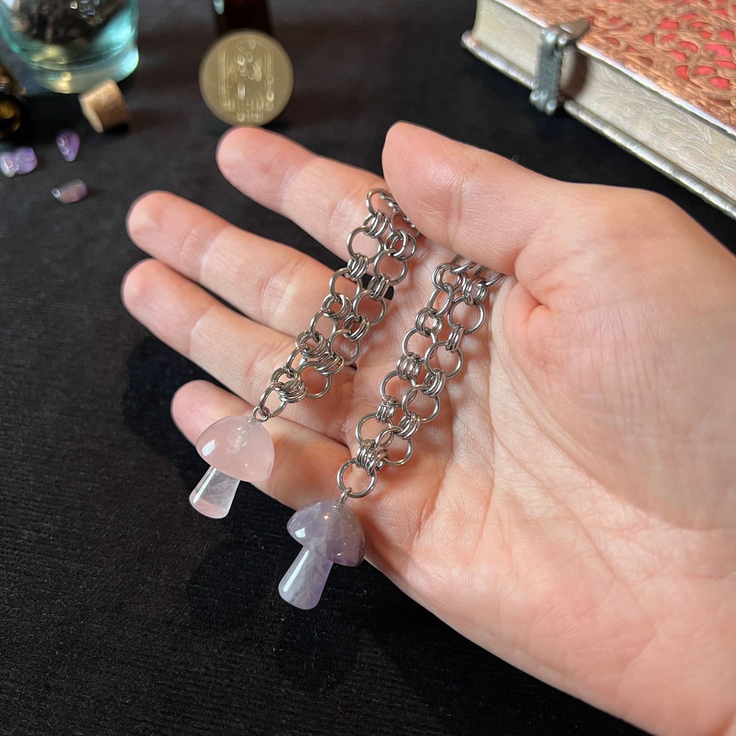 rose quartz amethyst gemstone mushroom pendant necklace stainless steel handmade chainmail chain cottagecore choker