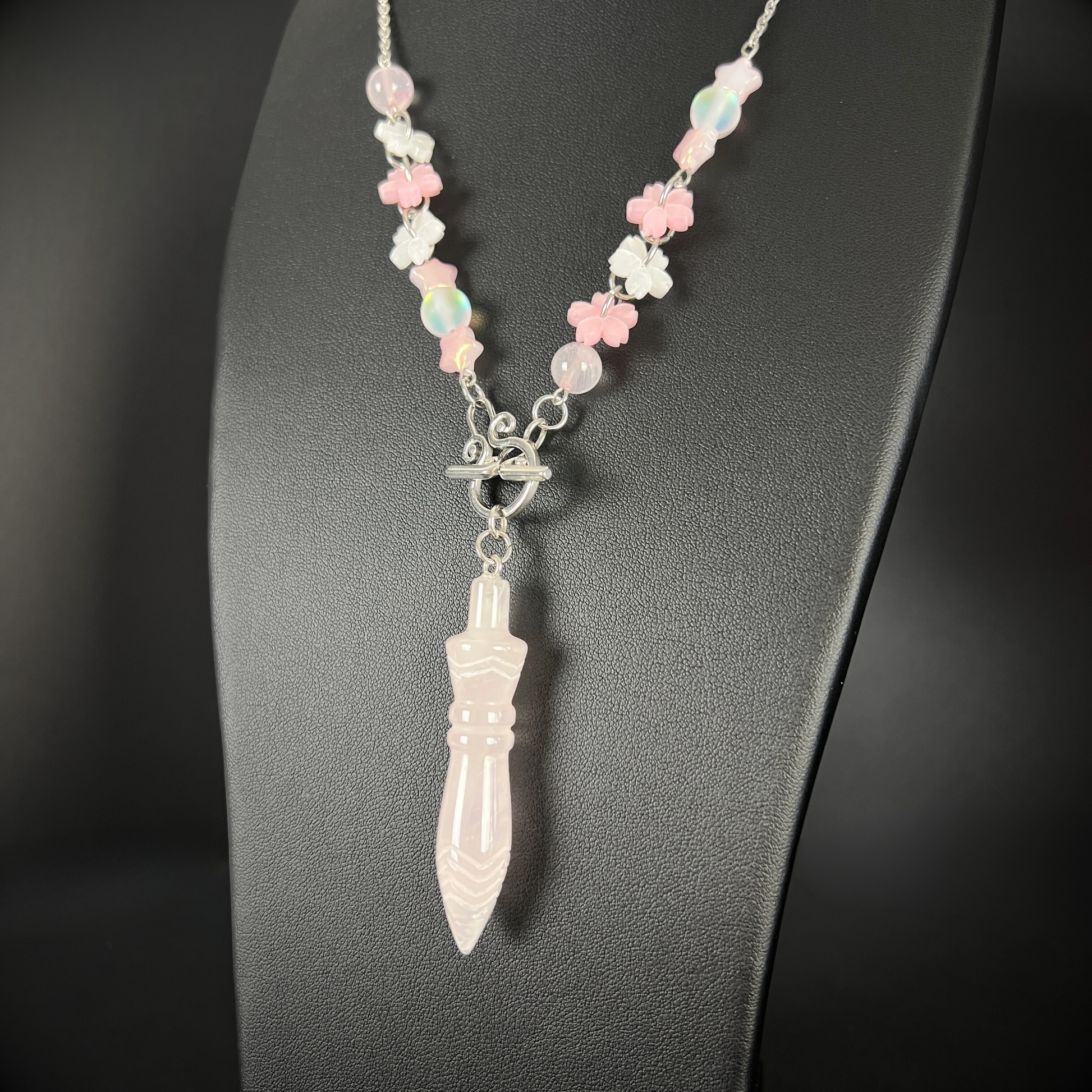 Sweet Lolita Thot engraved pendulum necklace, rose quartz, stainless steel Baguette Magick