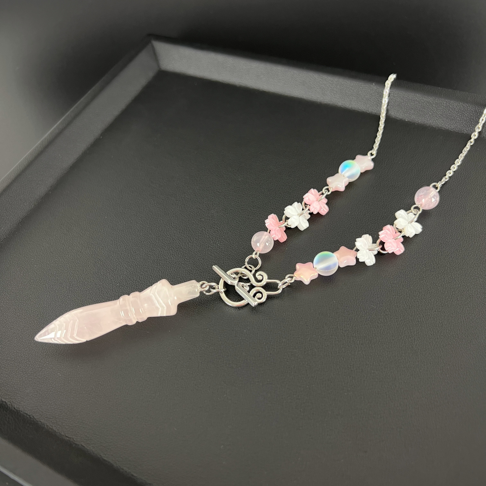 Sweet Lolita Thot engraved pendulum necklace, rose quartz, stainless steel Baguette Magick