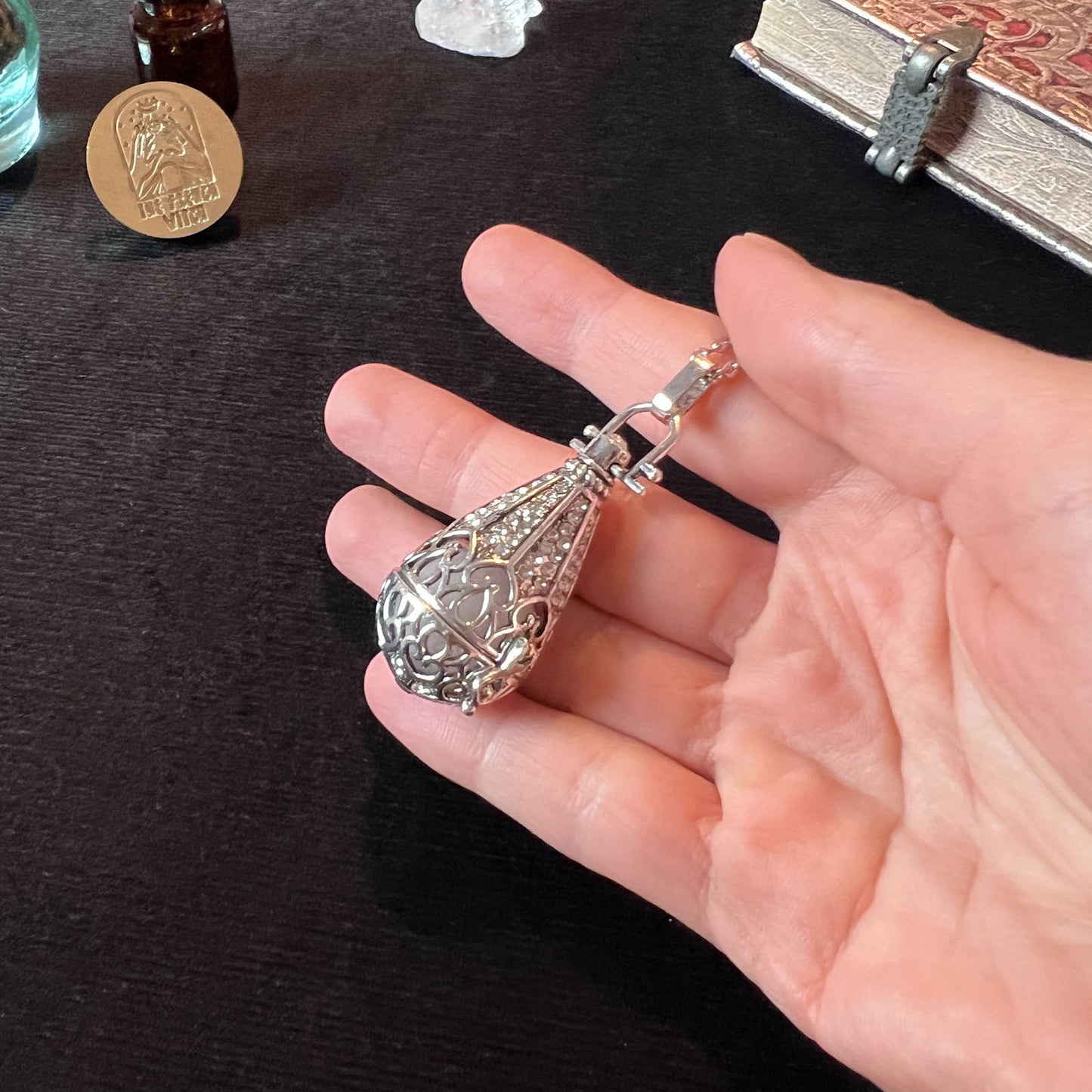 Rose quartz gothic locket necklace adorned with rhinestones crystal pendant gothic jewelry