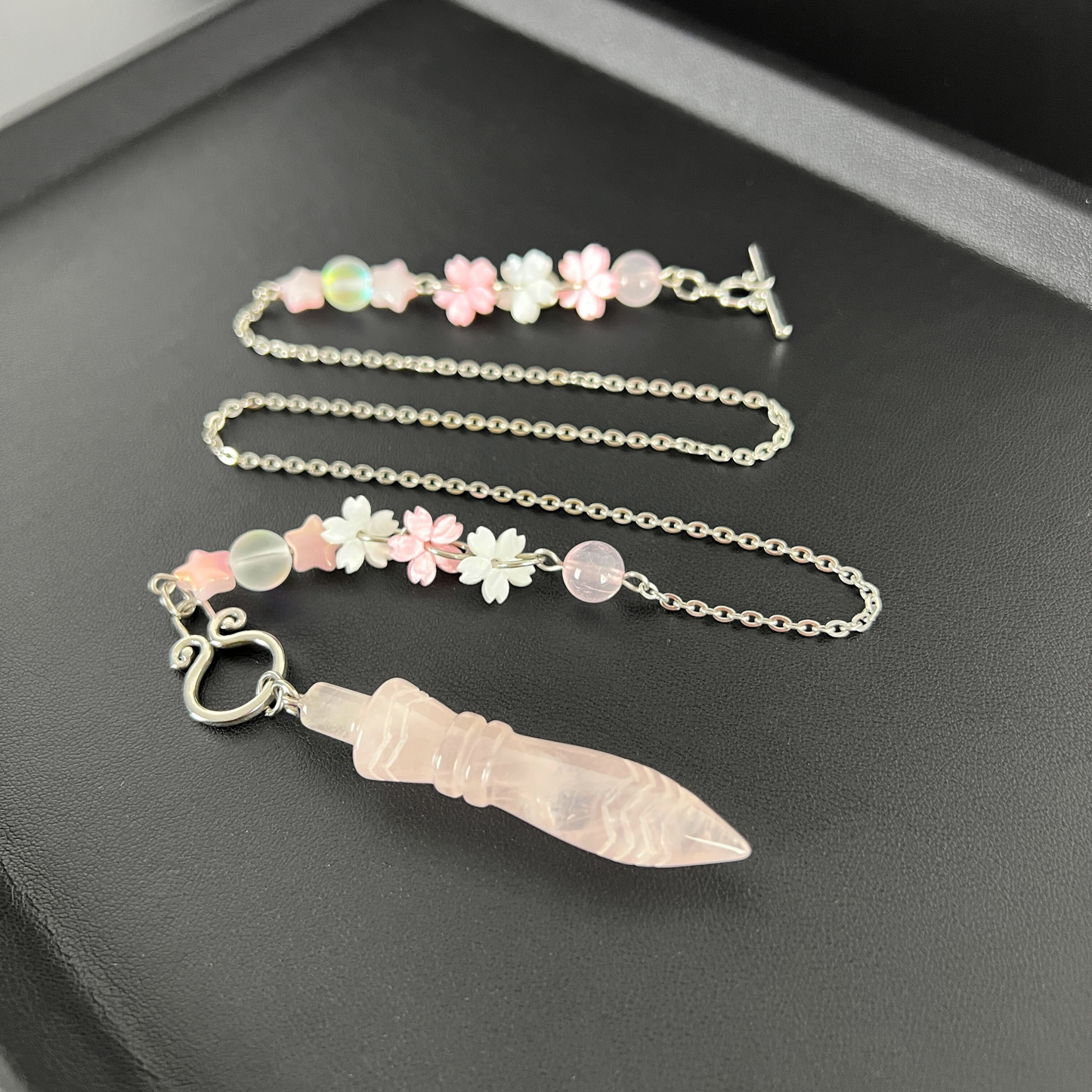 Sweet Lolita Thot engraved pendulum necklace, rose quartz, stainless steel Baguette Magick