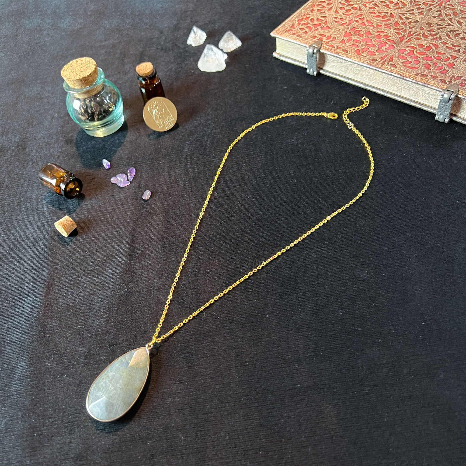 Labradorite necklace with a big faceted pendant golden tone Baguette Magick