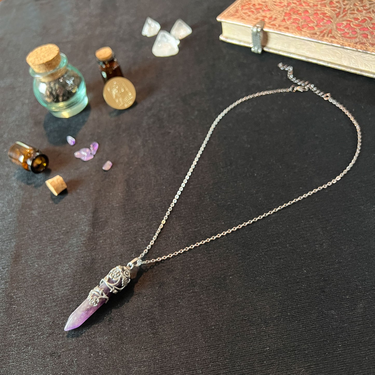 Gemstone floral necklace amethyst pendant witchy jewelry necklace pagan gothic pendant