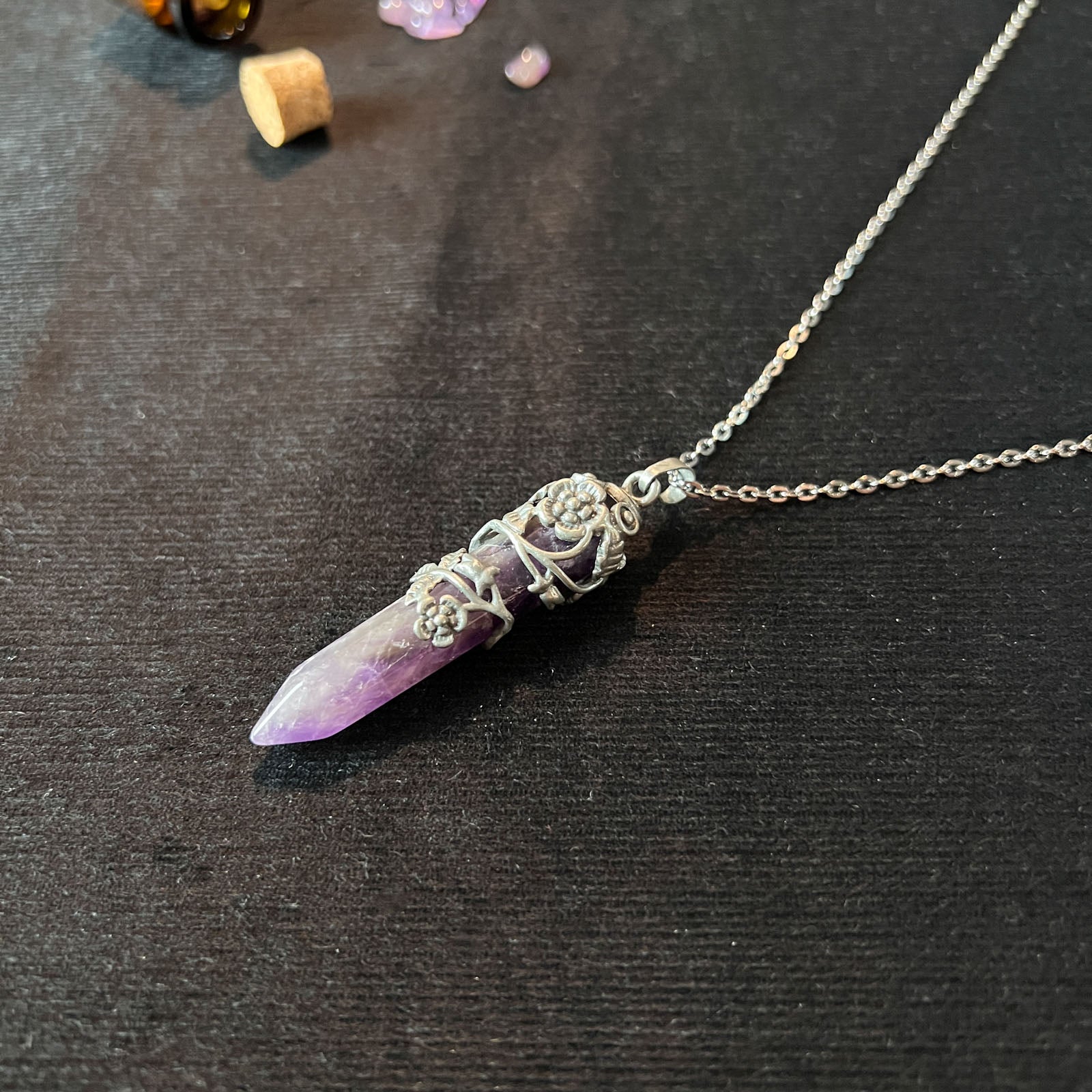 Gemstone floral necklace amethyst pendant witchy jewelry necklace pagan gothic pendant