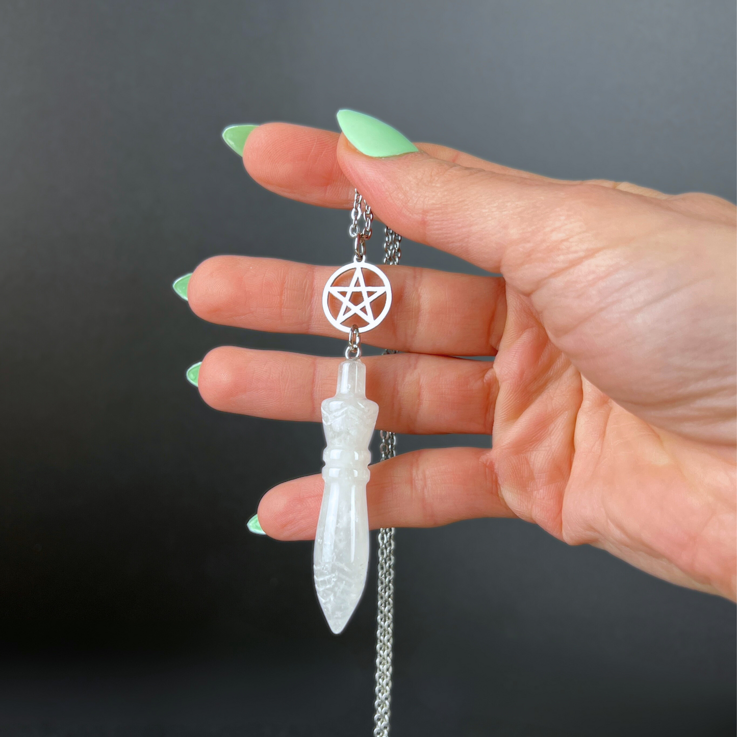 Engraved Egyptian Thot pendulum necklace, clear quartz, pentacle, stainless steel Baguette Magick