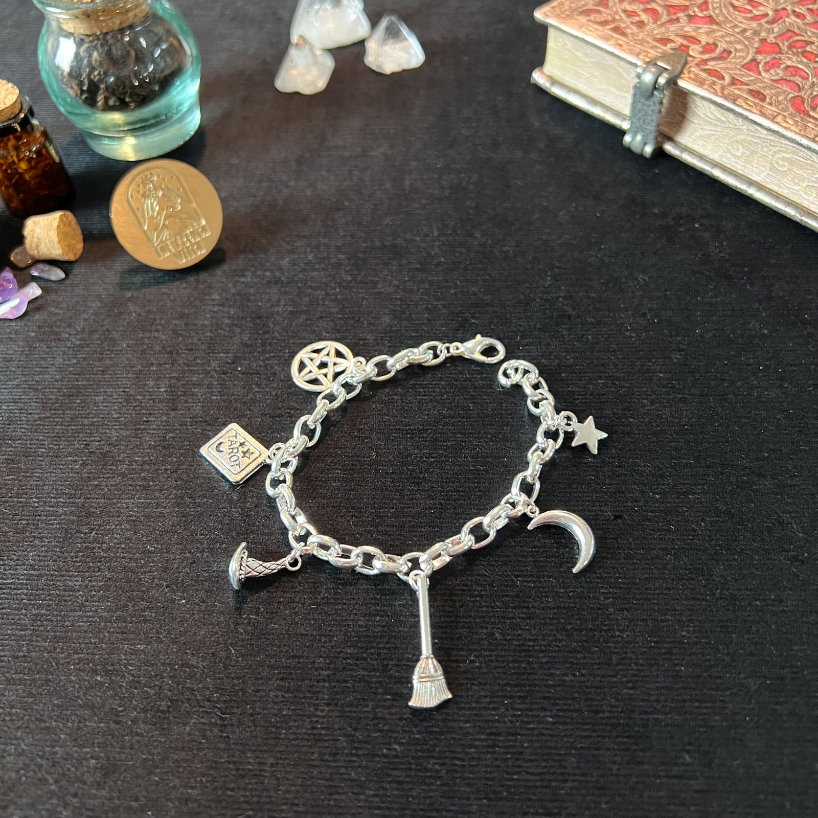 Witch charm bracelet witchcraft jewelry pagan wiccan spiritual symbols occult gothic spiritual gift for her