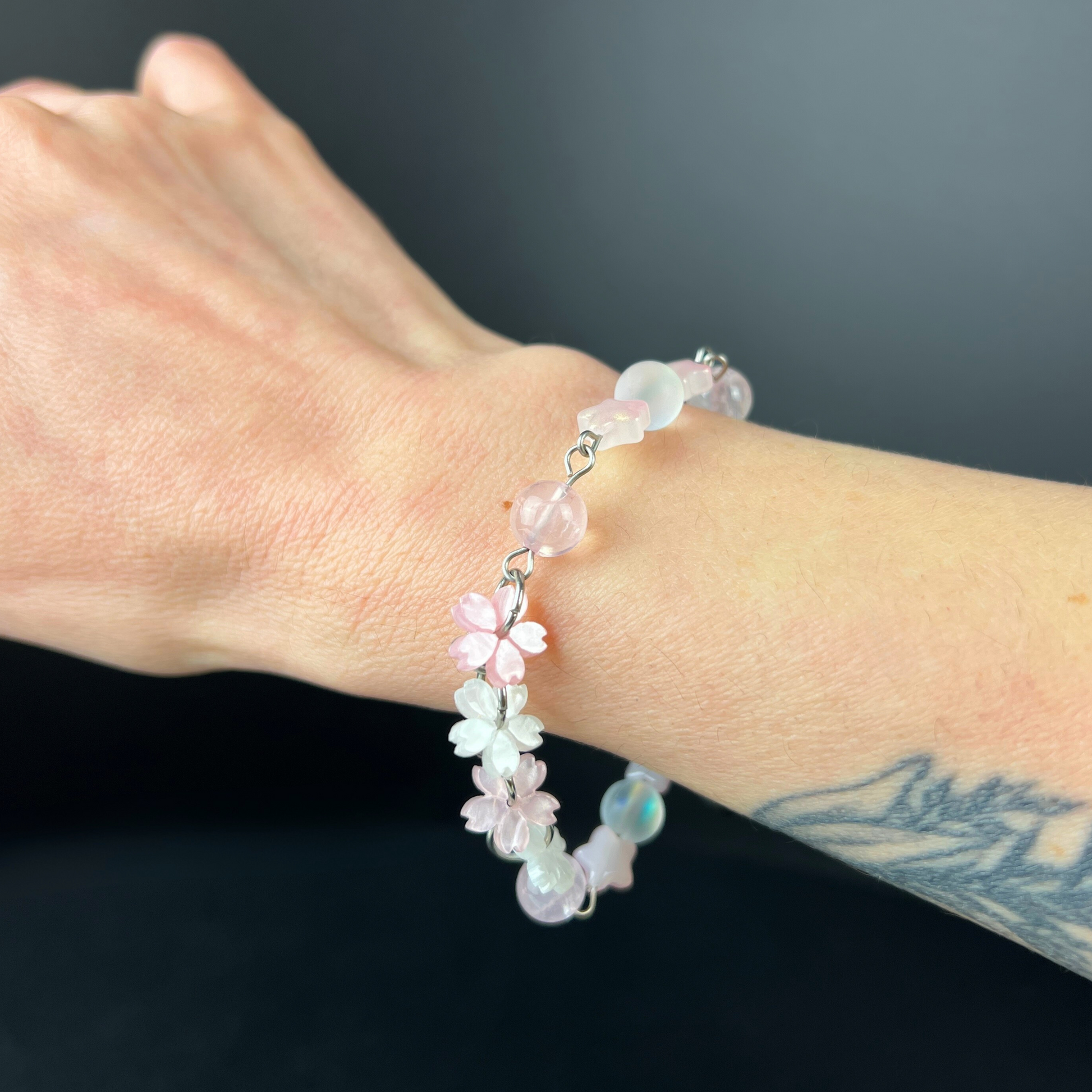 Celestial Cherry Blossom Bracelet, Stainless Steel, Rose Quartz, acrylic Baguette Magick