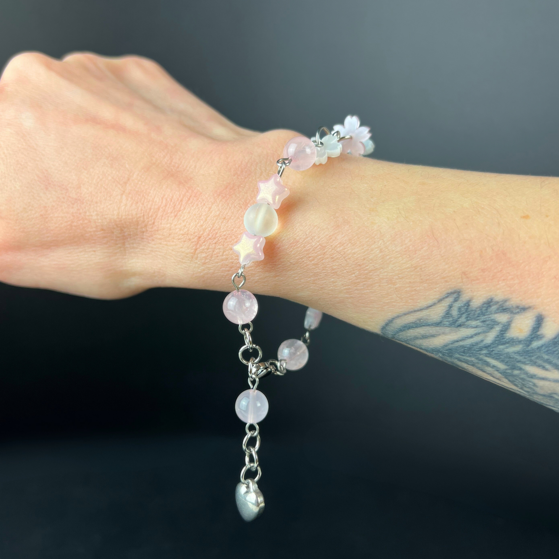 Celestial Cherry Blossom Bracelet, Stainless Steel, Rose Quartz, acrylic Baguette Magick