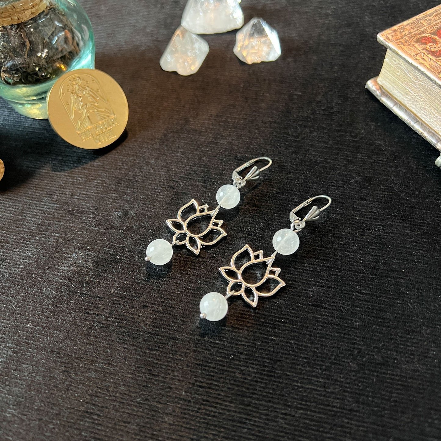 Clear quartz and lotus flower spiritual earrings Baguette Magick