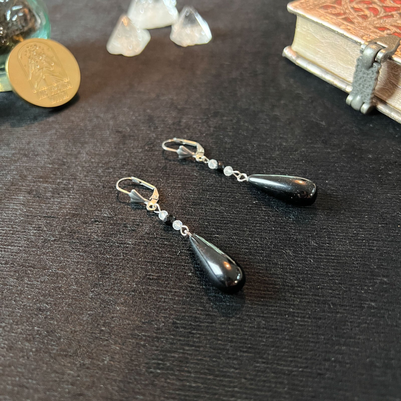 Obsidian, Moonstone and Onyx elegant dainty drop earrings Baguette Magick
