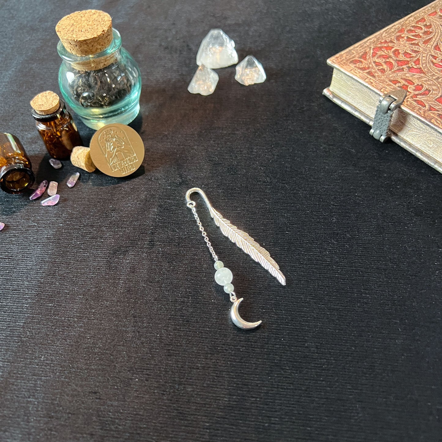 Small bookmark for your grimoire, book, journal, with gemstones and charms Baguette Magick