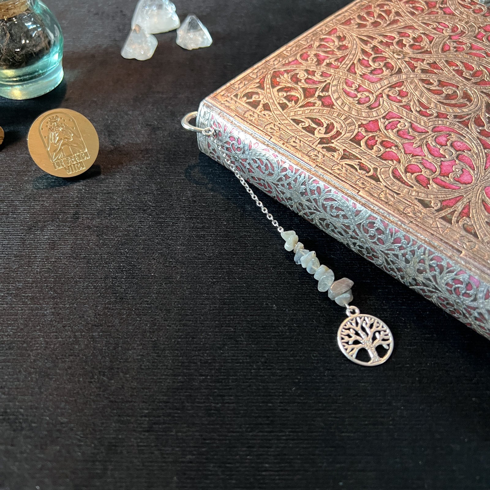 Big bookmark for your grimoire, book, journal, with gemstones and charms Baguette Magick