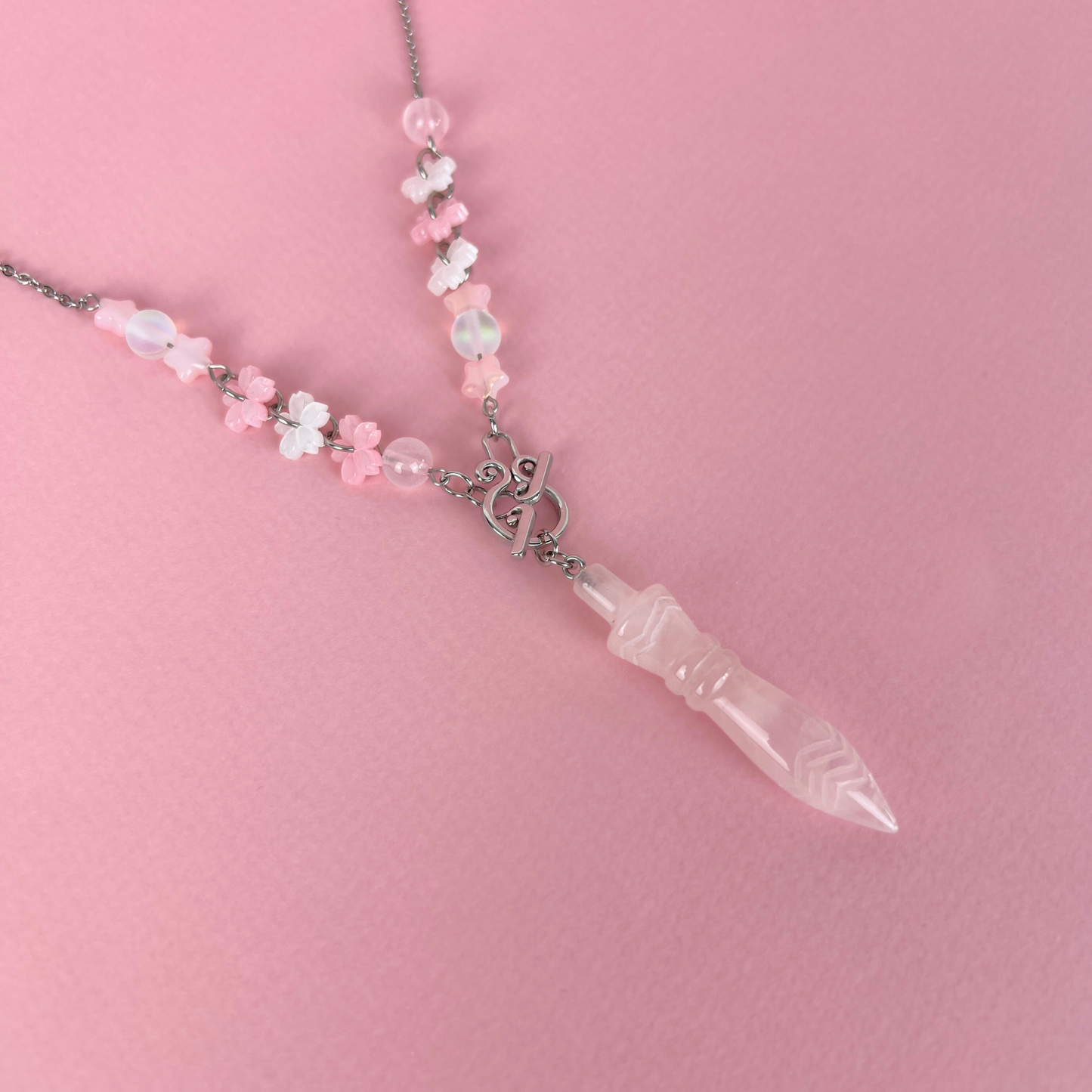 Sweet Lolita Thot engraved pendulum necklace, rose quartz, stainless steel Baguette Magick