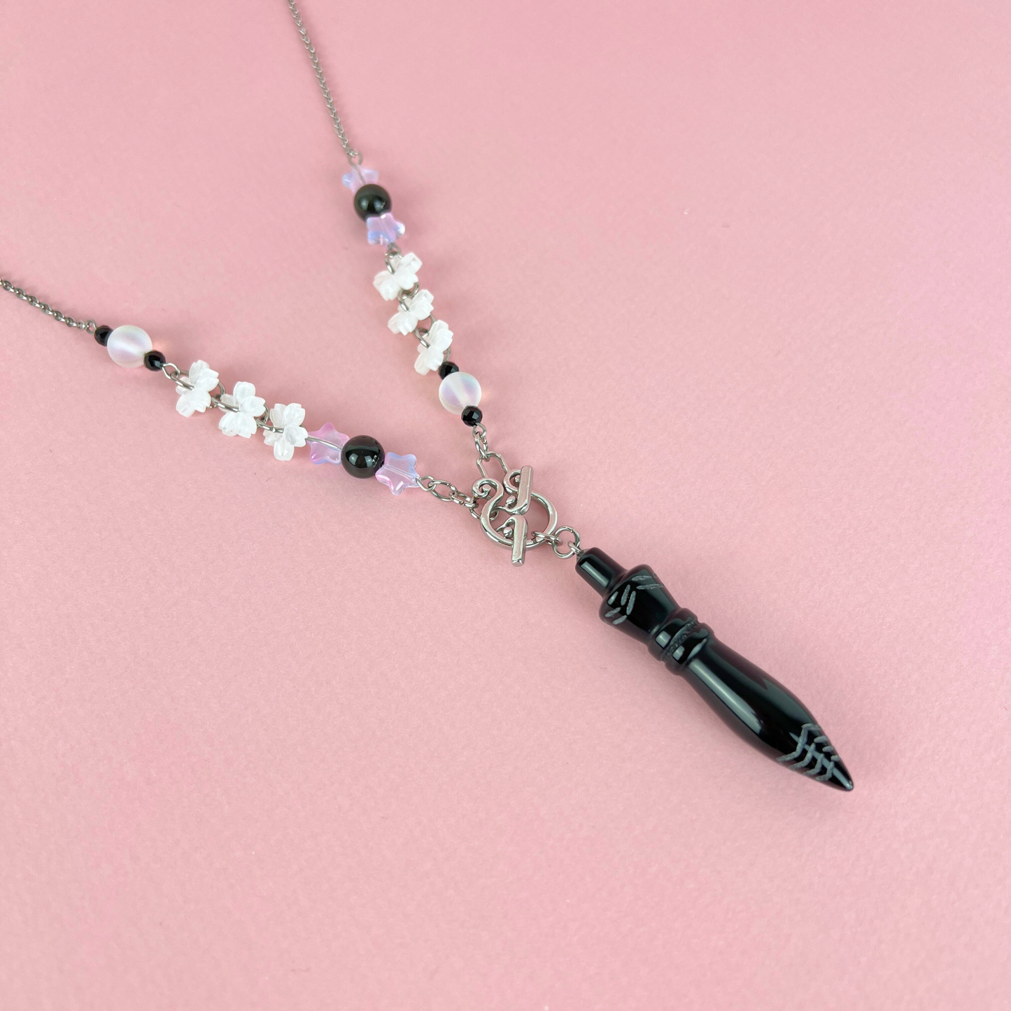 Dark Lolita Thot engraved pendulum necklace, Obsidian, stainless steel Baguette Magick