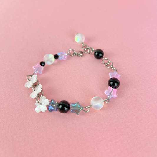 Celestial Nocturne Bracelet, Stainless Steel, Rainbow Obsidian, Onyx, acrylic Baguette Magick