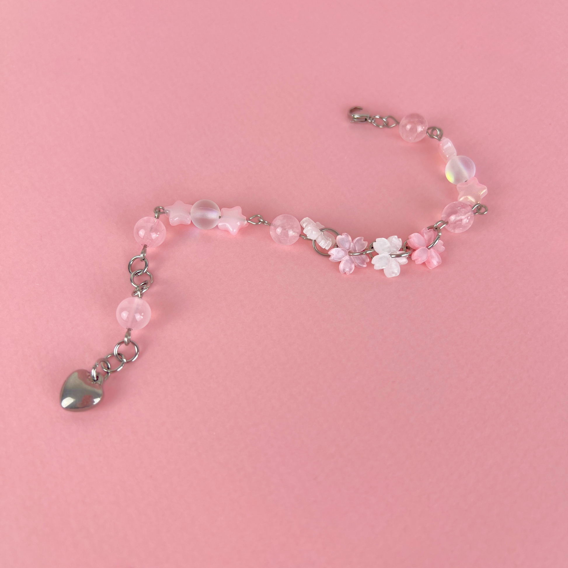 Celestial Cherry Blossom Bracelet, Stainless Steel, Rose Quartz, acrylic Baguette Magick