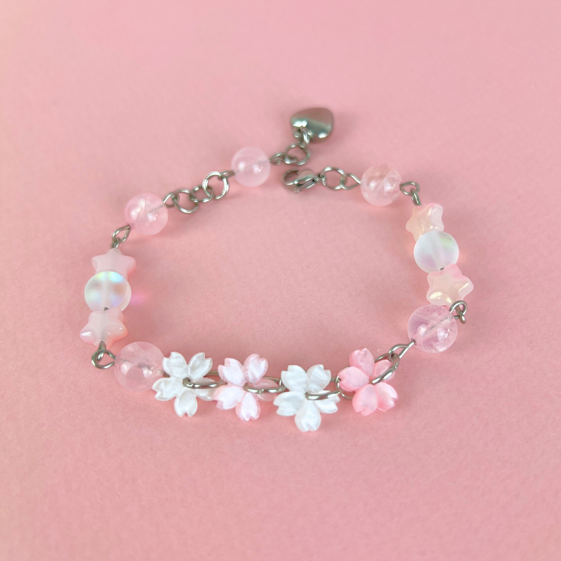 Celestial Cherry Blossom Bracelet, Stainless Steel, Rose Quartz, acrylic Baguette Magick