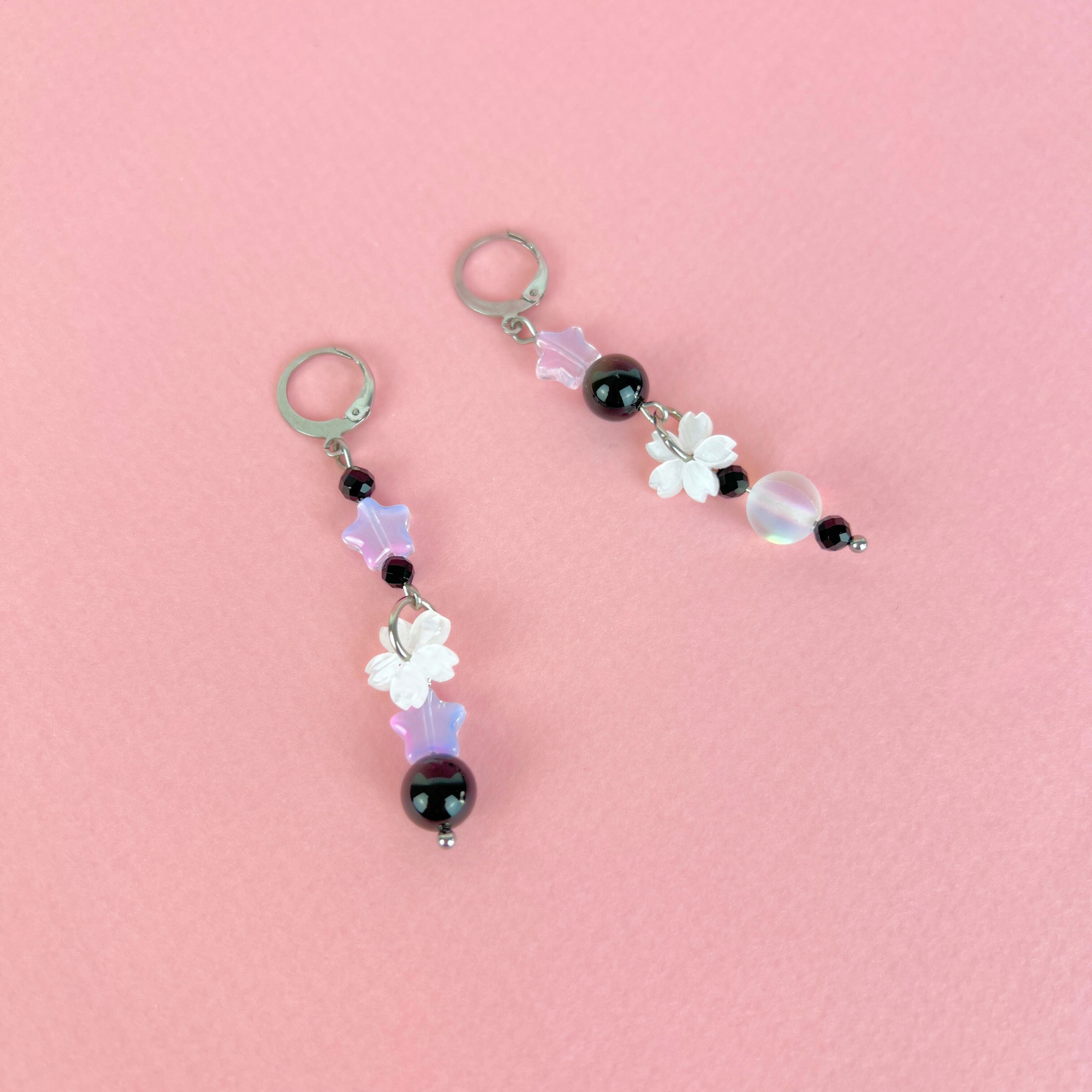 The Celestial Nocture earrings: Rainbow Obsisidan, Onyx, Holo glass, stars and Sakura, stainless steel Baguette Magick