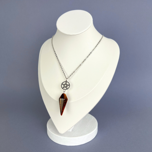 Tiger eye and pentacle pendulum necklace, stainless steel