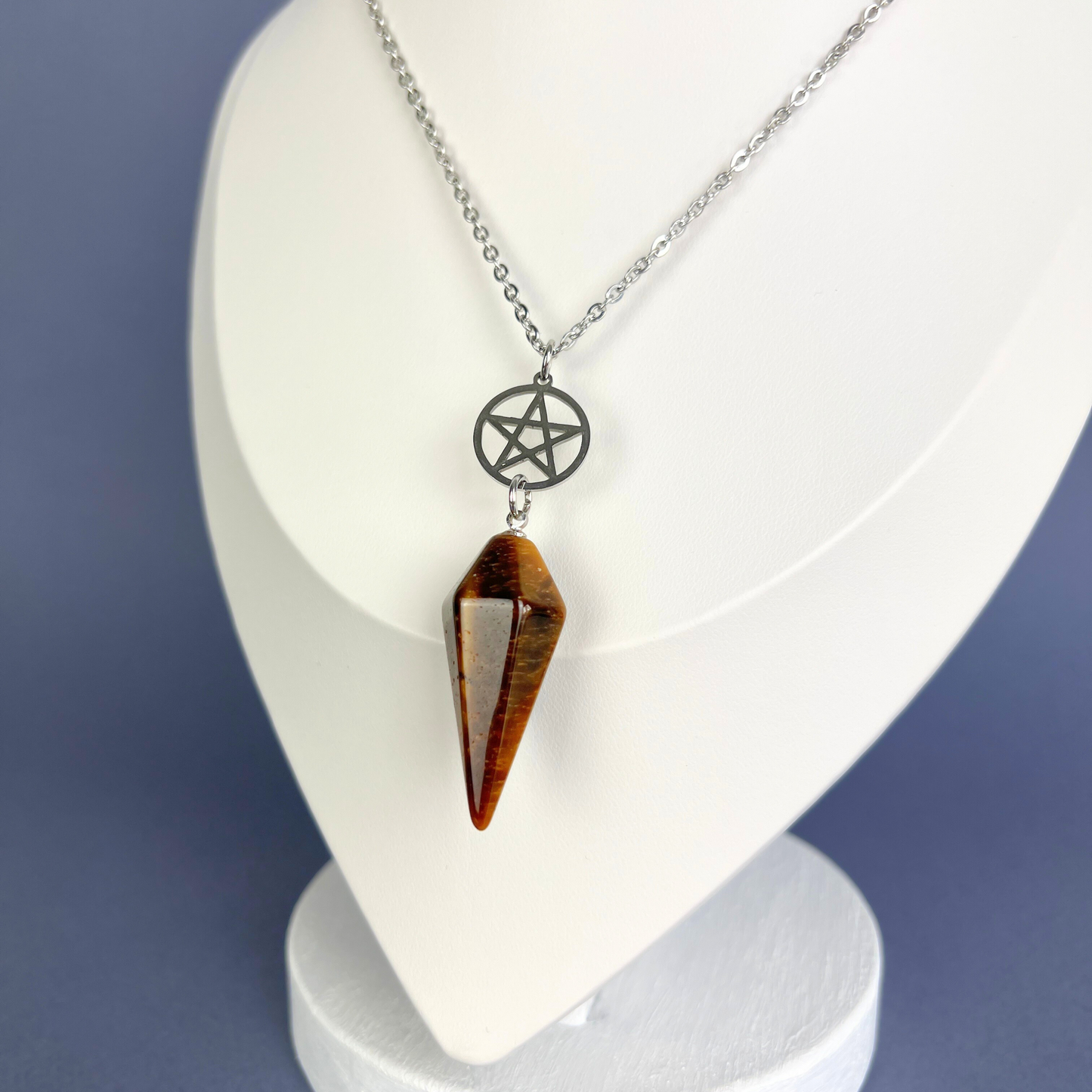 Tiger eye and pentacle pendulum necklace, stainless steel