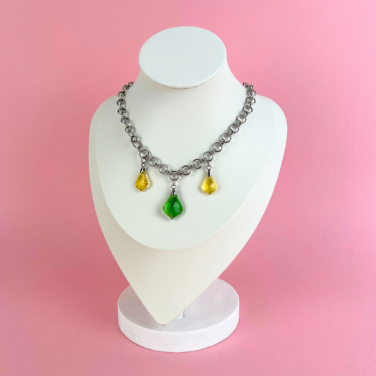 Sparkling crystal necklace, yellow and green, chainmail chain, stainless steel Baguette Magick