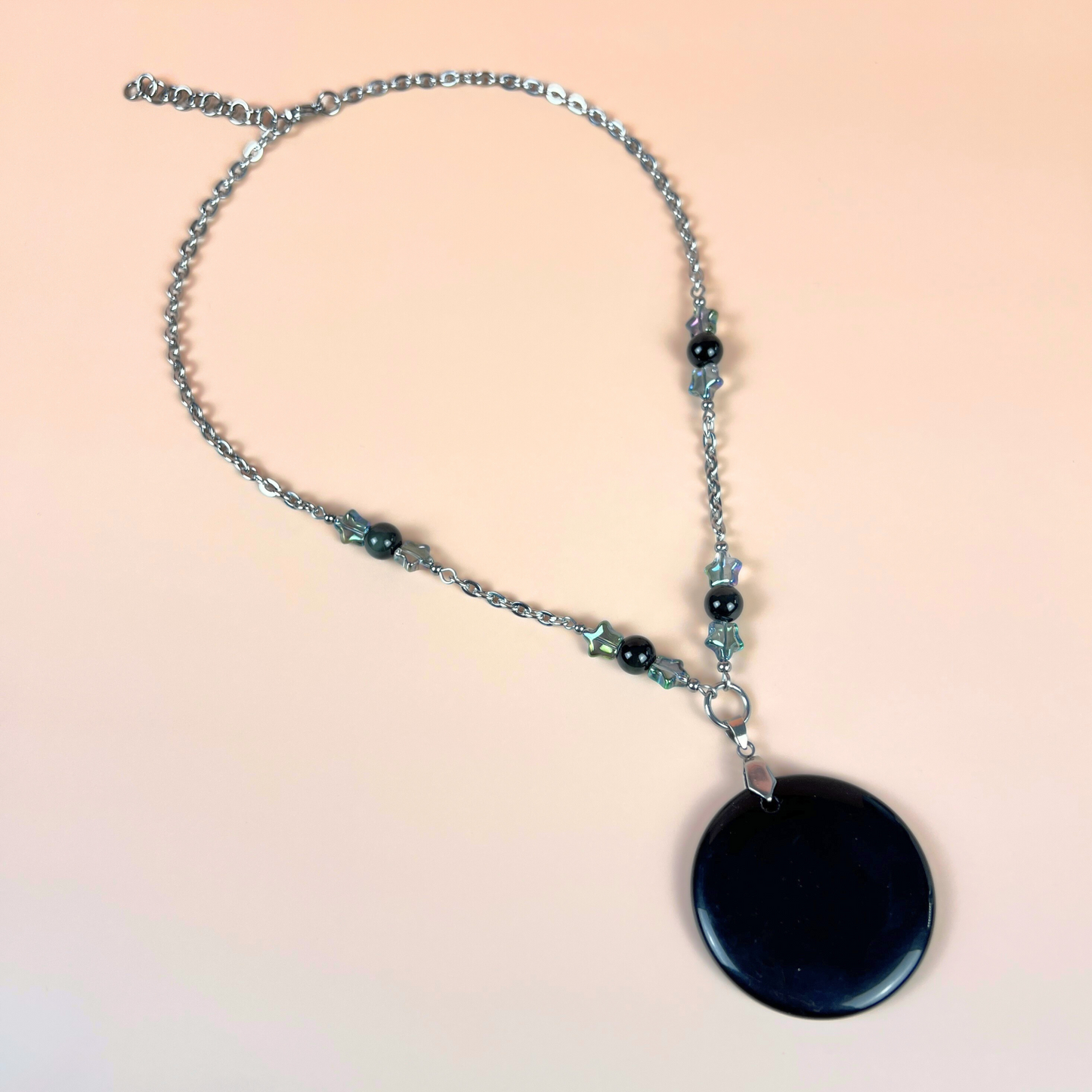 Obsidian black mirror necklace, scrying divination jewelry, rainbow obsidian, stars, stainless steel