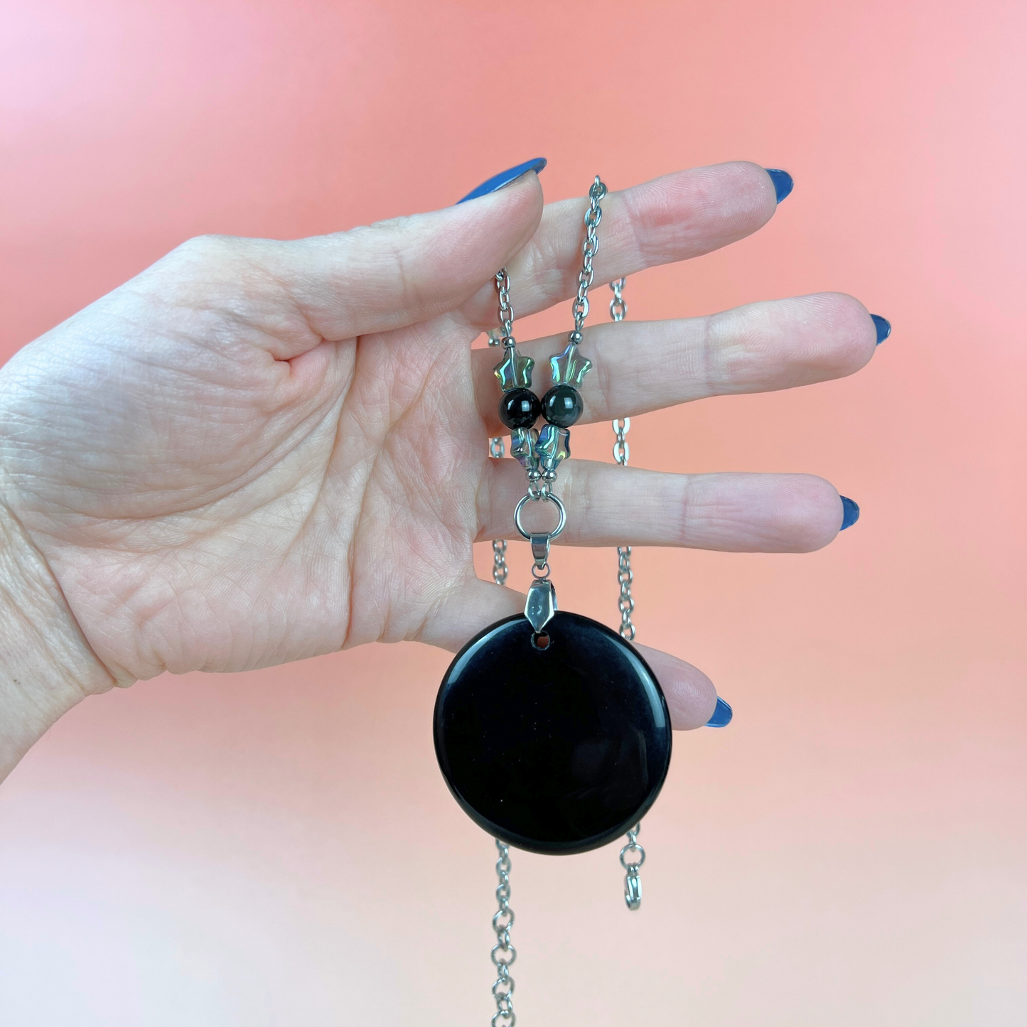 Obsidian black mirror necklace, scrying divination jewelry, rainbow obsidian, stars, stainless steel