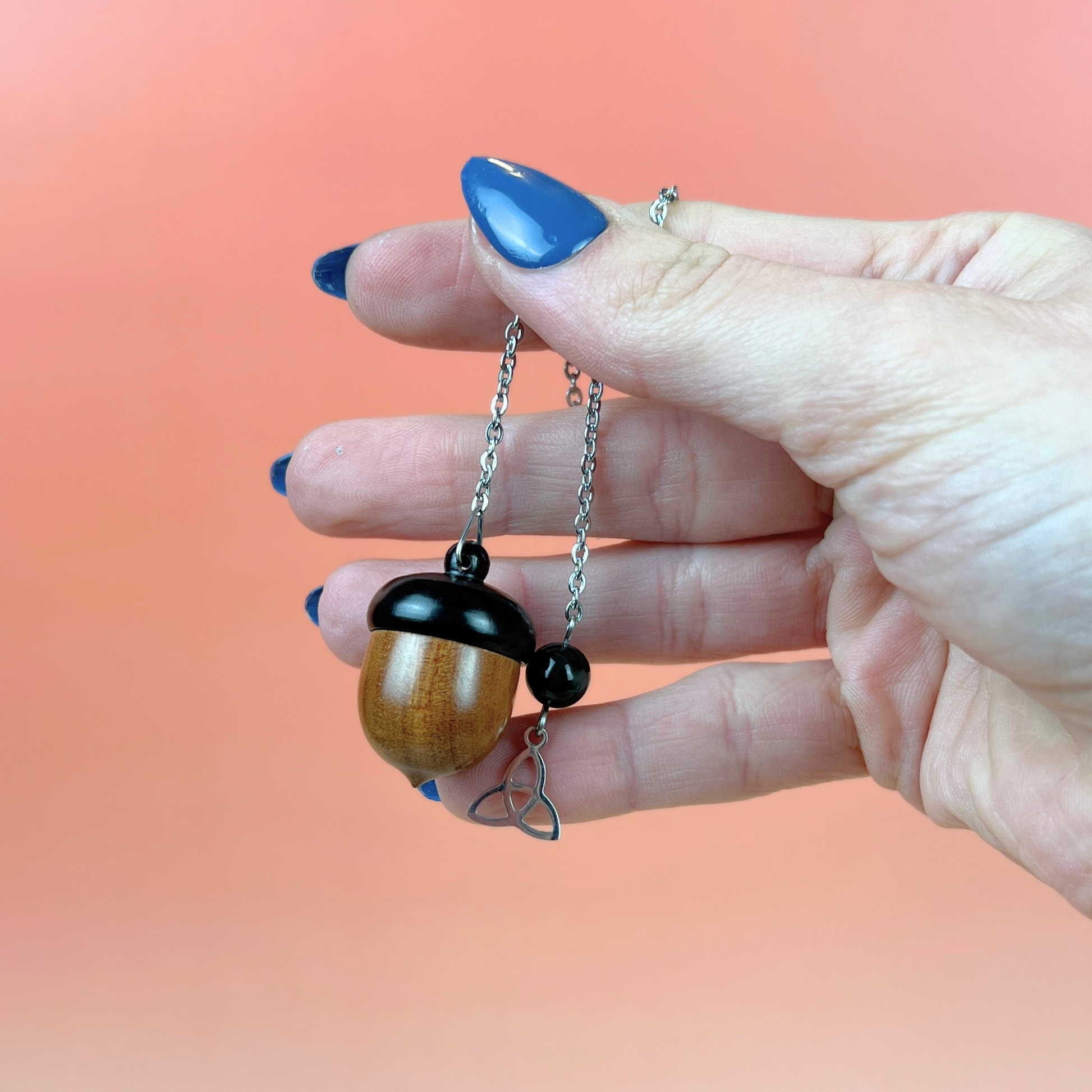 Acorn chamber pendulum, Ebony, Rainbow Obsidian and stainless steel Baguette Magick