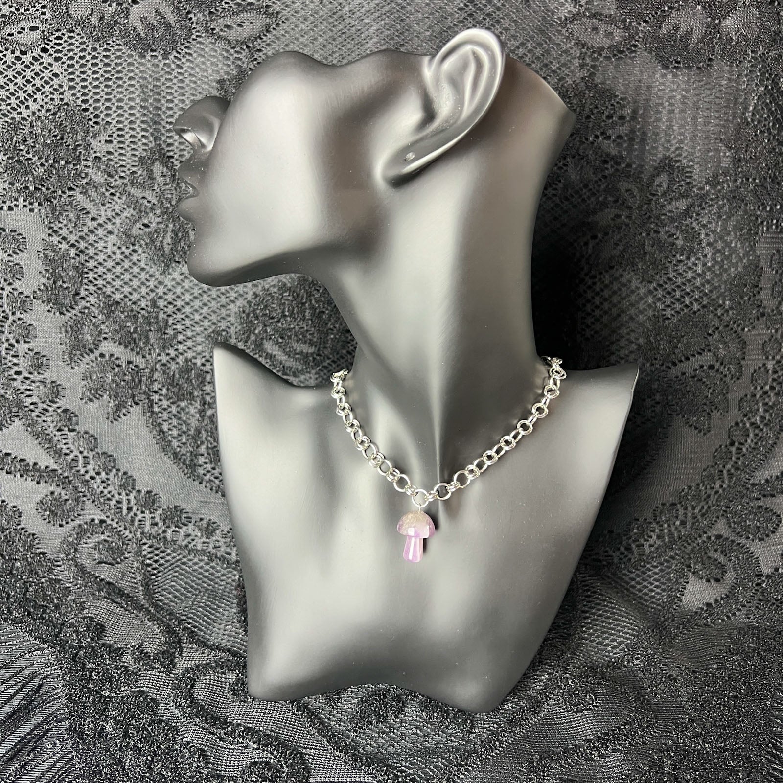 rose quartz amethyst gemstone mushroom pendant necklace stainless steel handmade chainmail chain cottagecore choker