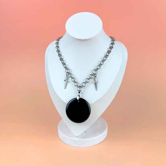 Obsidian black mirror necklace, scrying divination jewelry, athame daggers, stainless steel