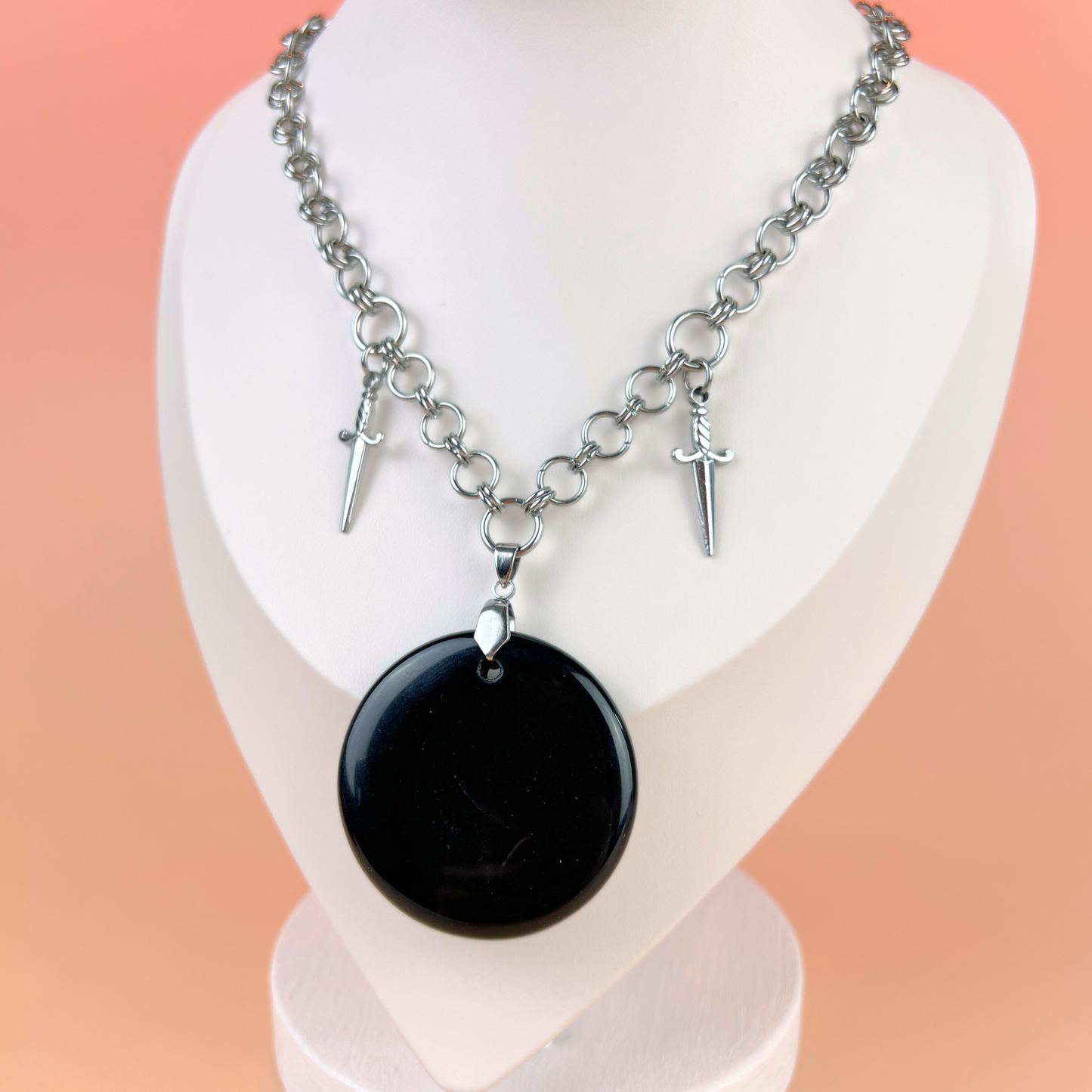 Obsidian black mirror necklace, scrying divination jewelry, athame daggers, stainless steel