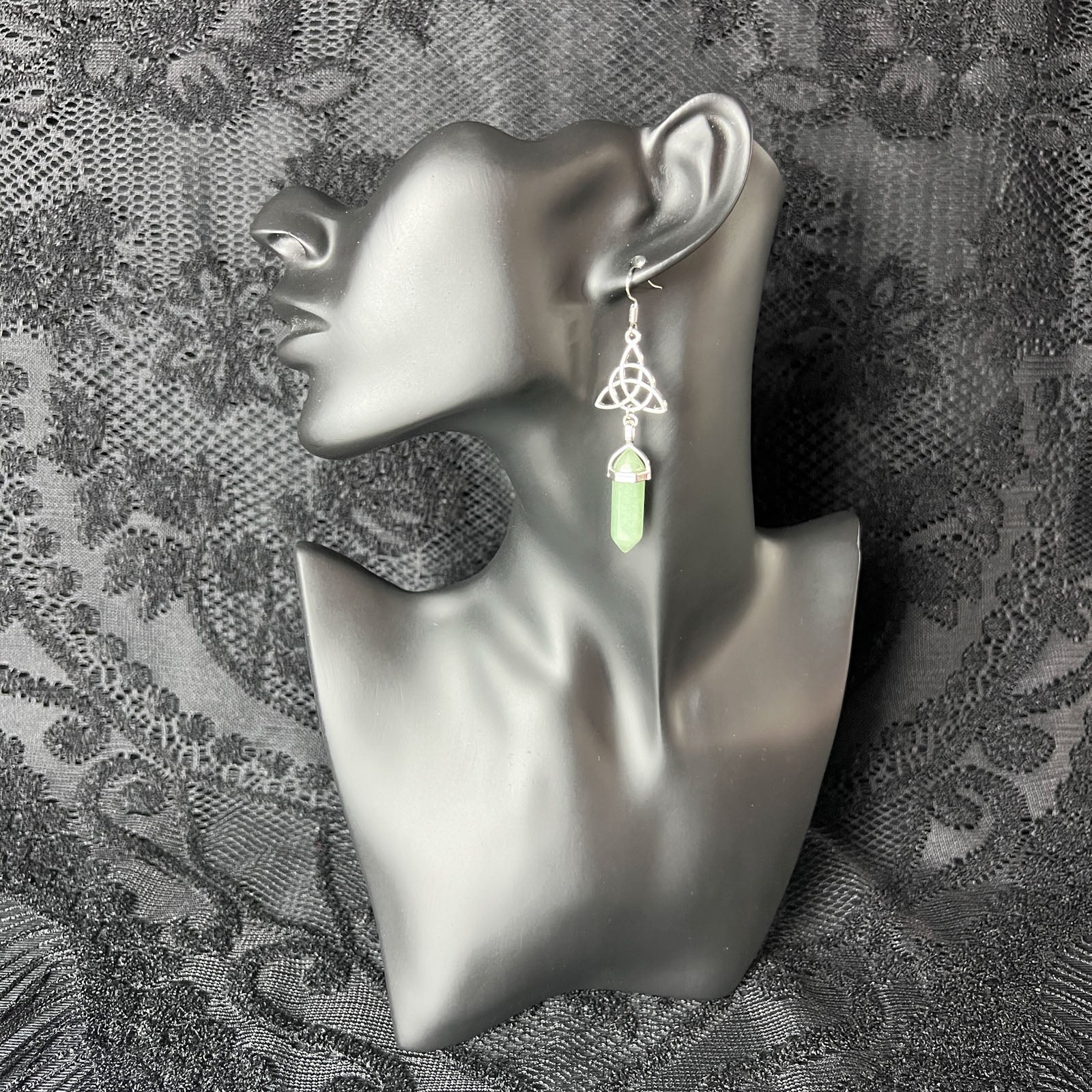 triquetra and gemstone earrings for witch gift labradorite quartz aventurine fluorite crystal gemstone gothic spiritual jewelry