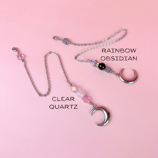 Cute pendulum chains, Stars, Rainbow Obsidian or Clear Quartz, Moon Crescent, stainless steel