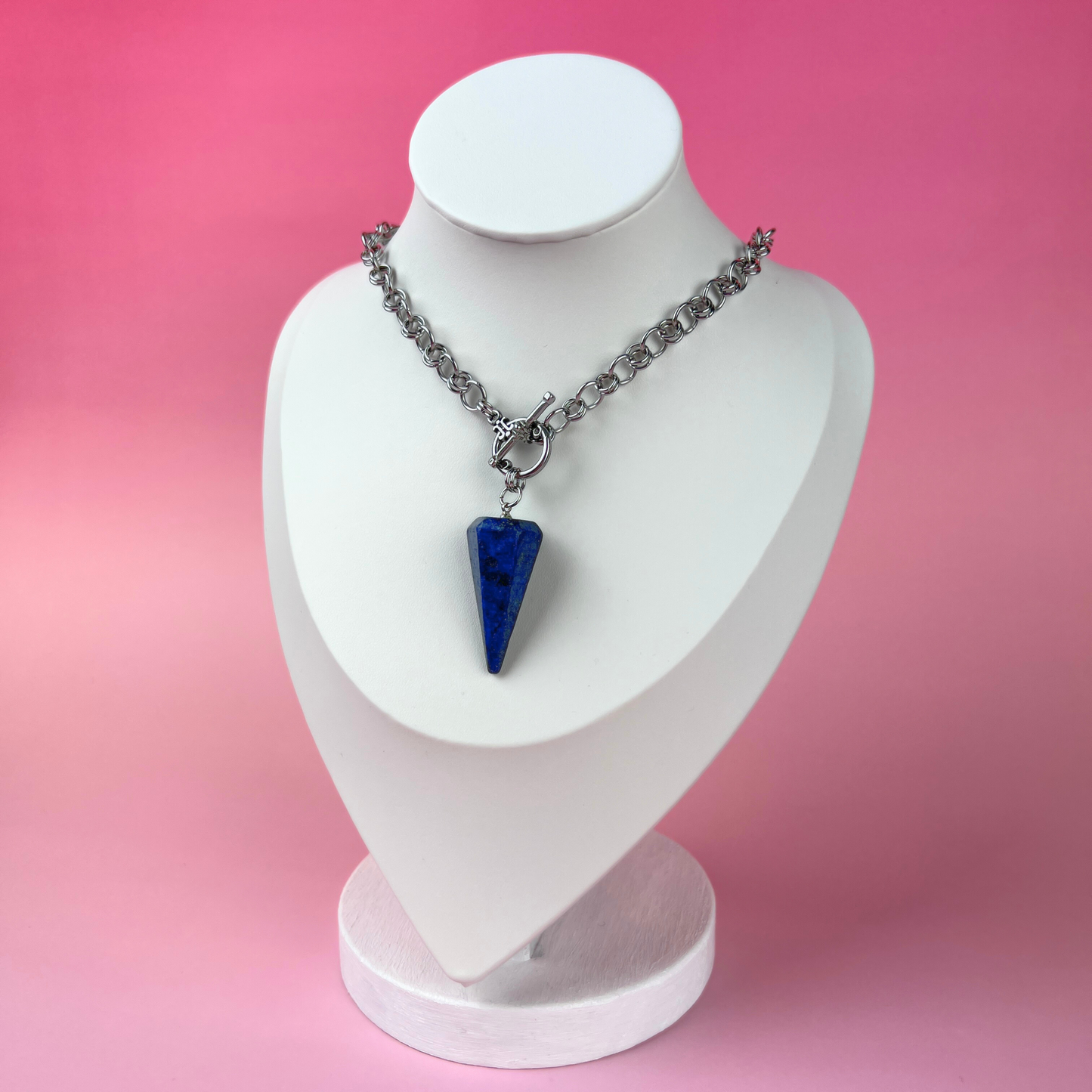 Lapis lazuli divination pendulum necklace, stainless steel chainmail Baguette Magick