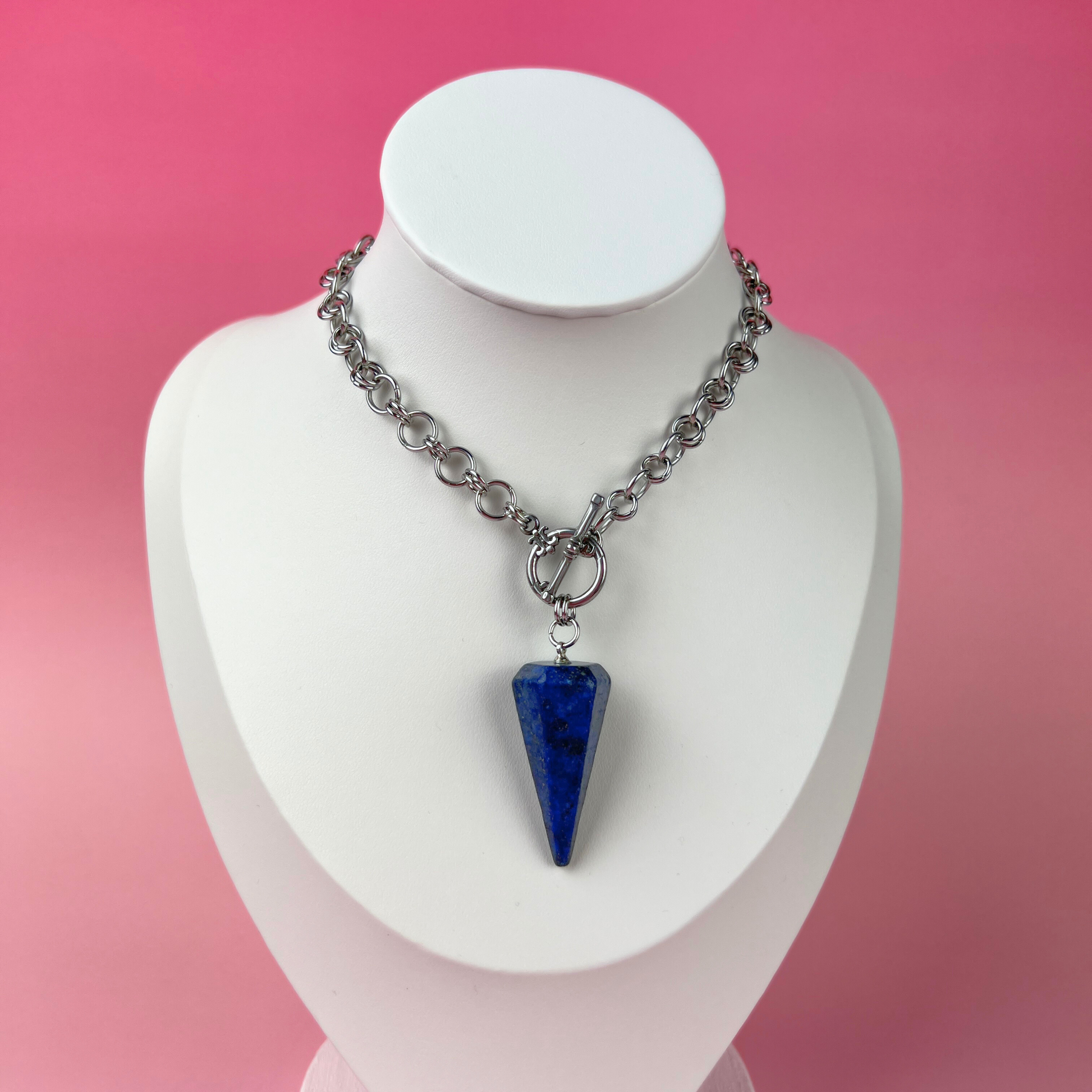 Lapis lazuli divination pendulum necklace, stainless steel chainmail Baguette Magick