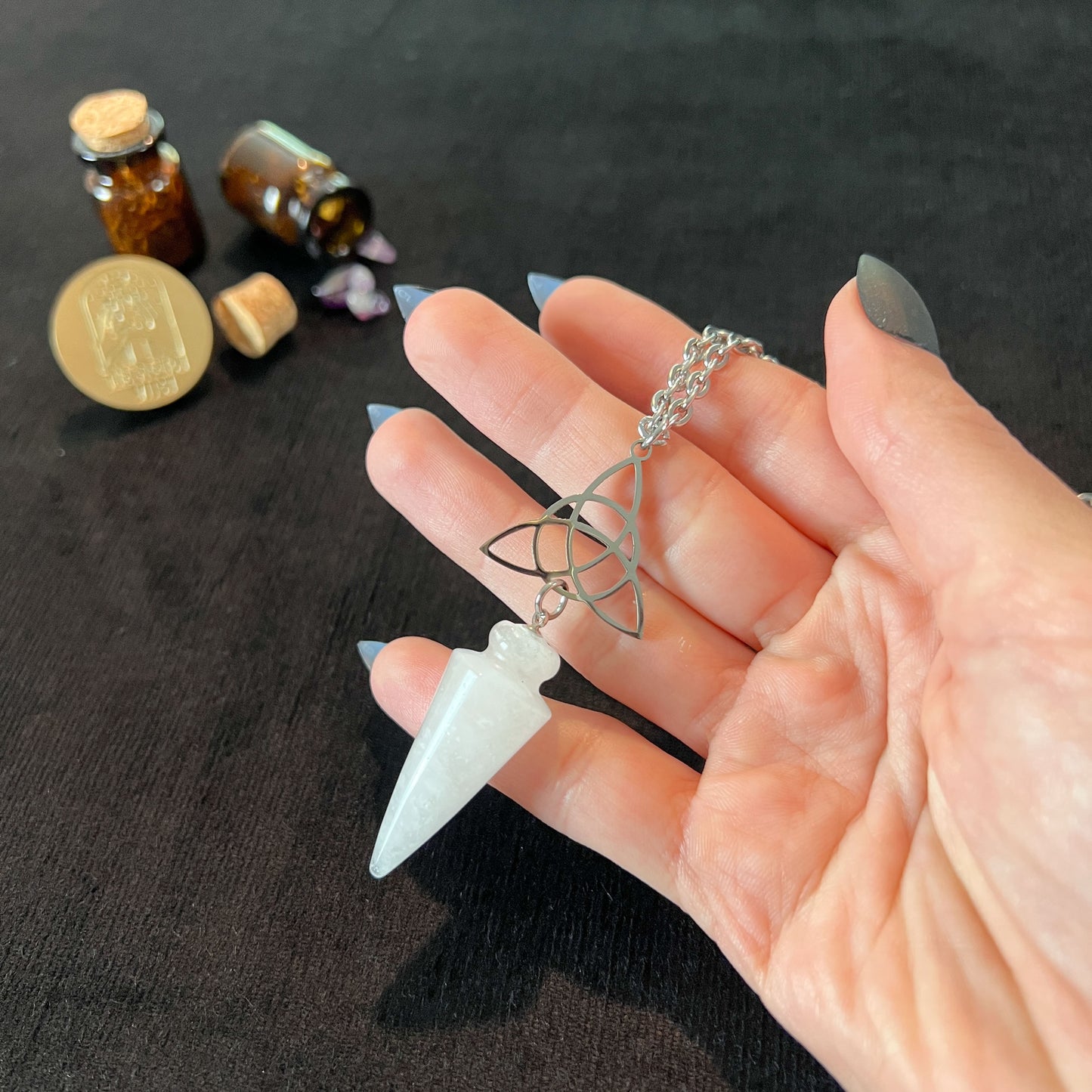 Clear quartz and triquetra Celtic knot pendulum necklace, stainless steel Baguette Magick