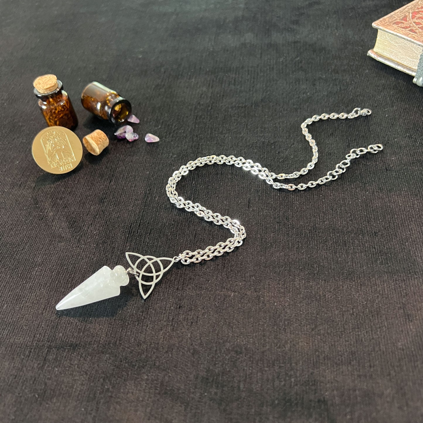 clear quartz gemstone pendulum necklace wiccan pagan jewelry triquetra celtic knot witch pendant