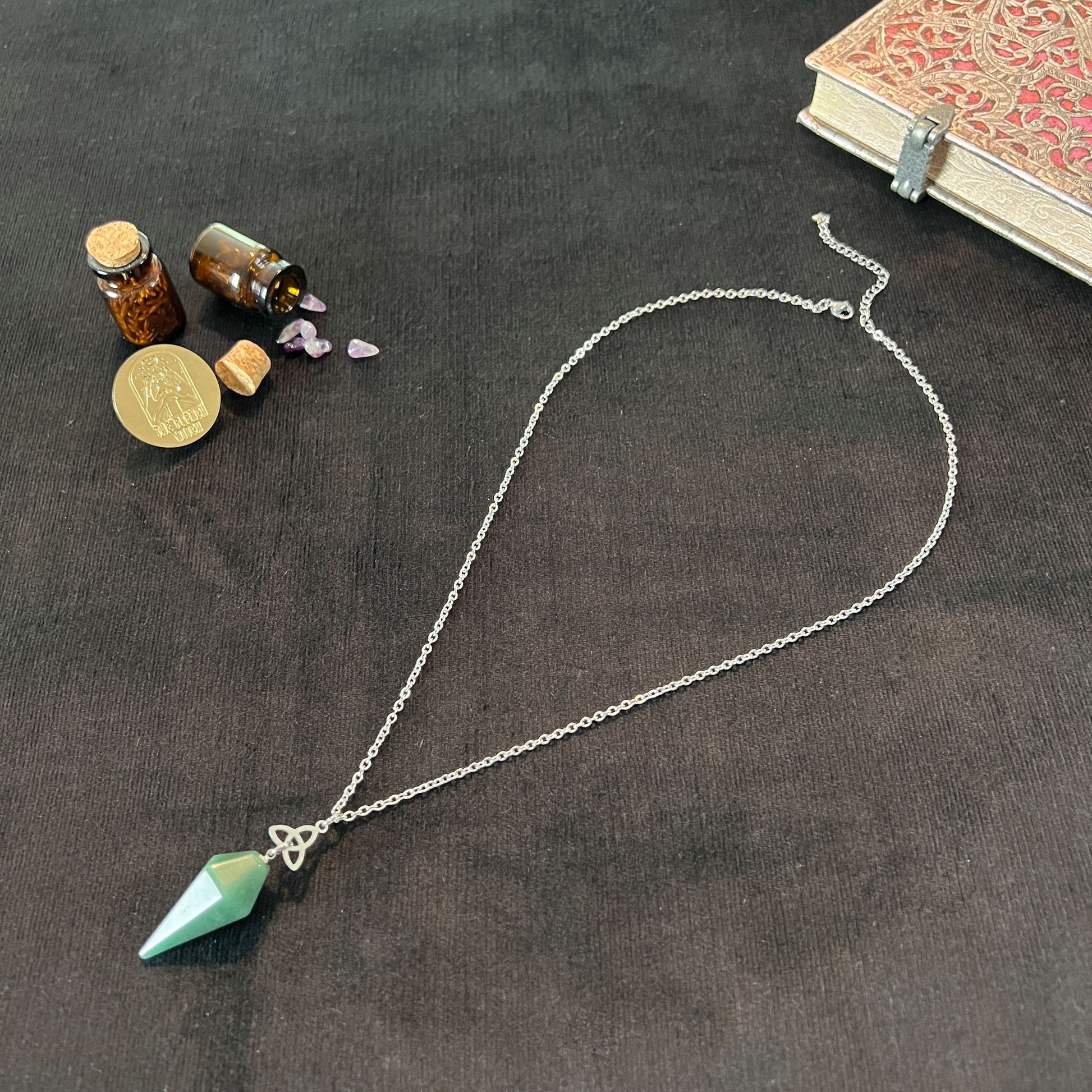 aventurine gemstone pendulum necklace witch divination tool with triquetra celtic knot pagan witchcraft symbol for dowsing reiki psychic medium jewelry