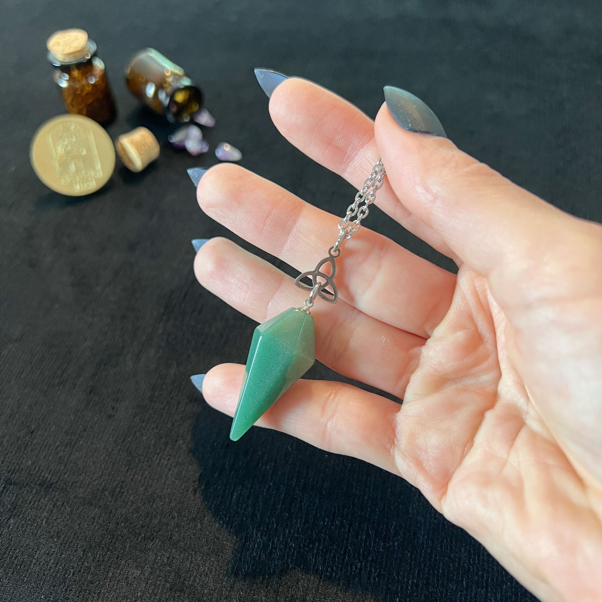 aventurine gemstone pendulum necklace witch divination tool with triquetra celtic knot pagan witchcraft symbol for dowsing reiki psychic medium jewelry