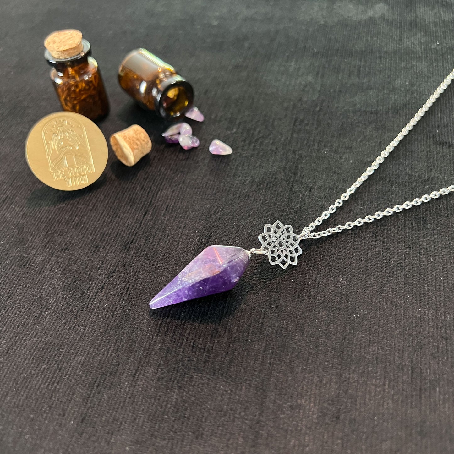 Amethyst and sacred geometry mandala pendulum necklace, stainless steel Baguette Magick