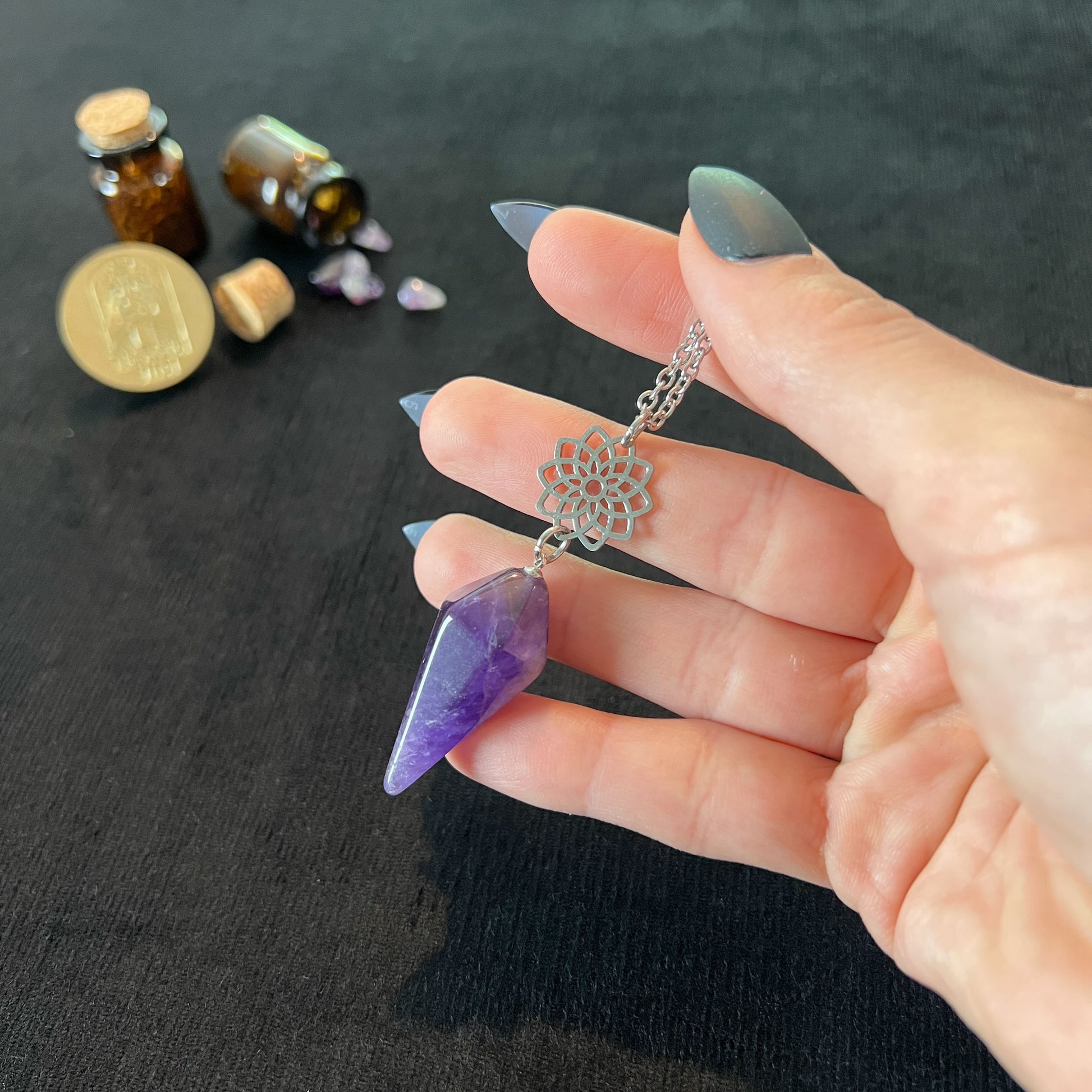 Amethyst and sacred geometry mandala pendulum necklace, stainless steel Baguette Magick