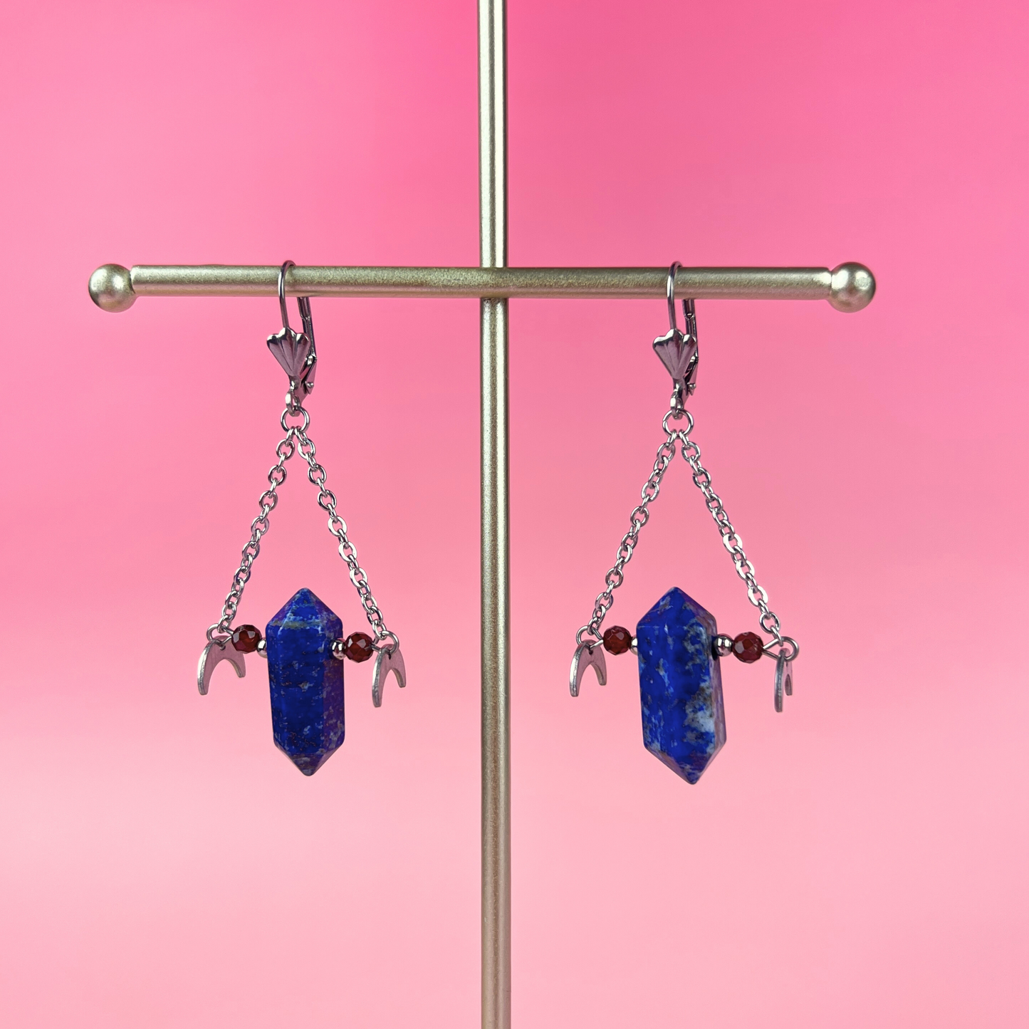 Lapis lazuli garnet and stainless steel gemstone earrings with Moon crescent Baguette Magick