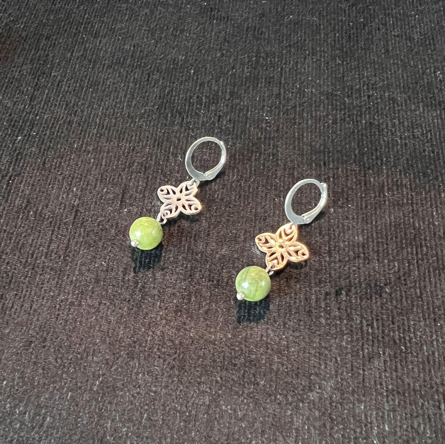 Art deco green jade earrings, floral mandala, stainless steel Baguette Magick