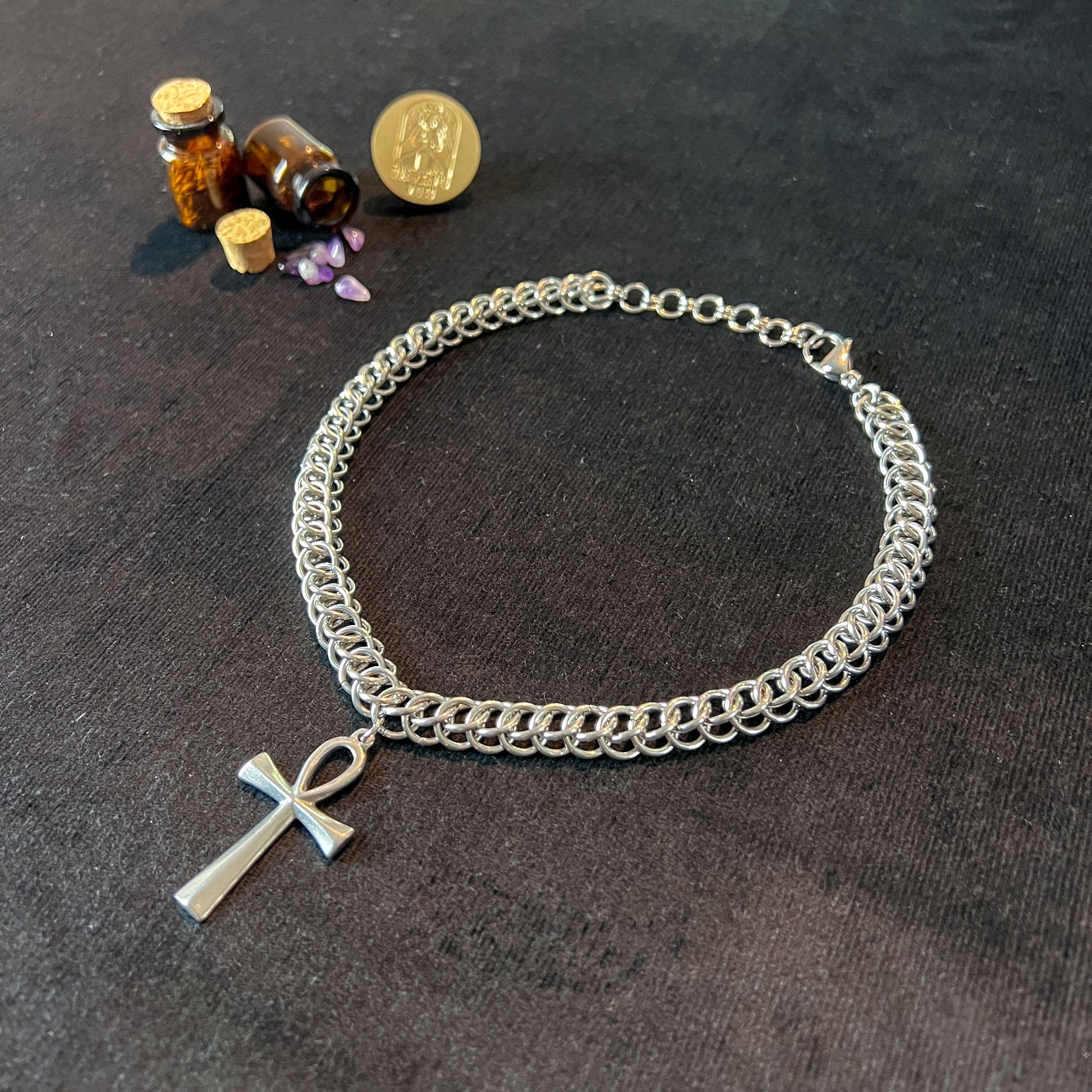 Half Persian chainmail choker with an Ankh pendant, Egyptian cross, stainless steel necklace Baguette Magick