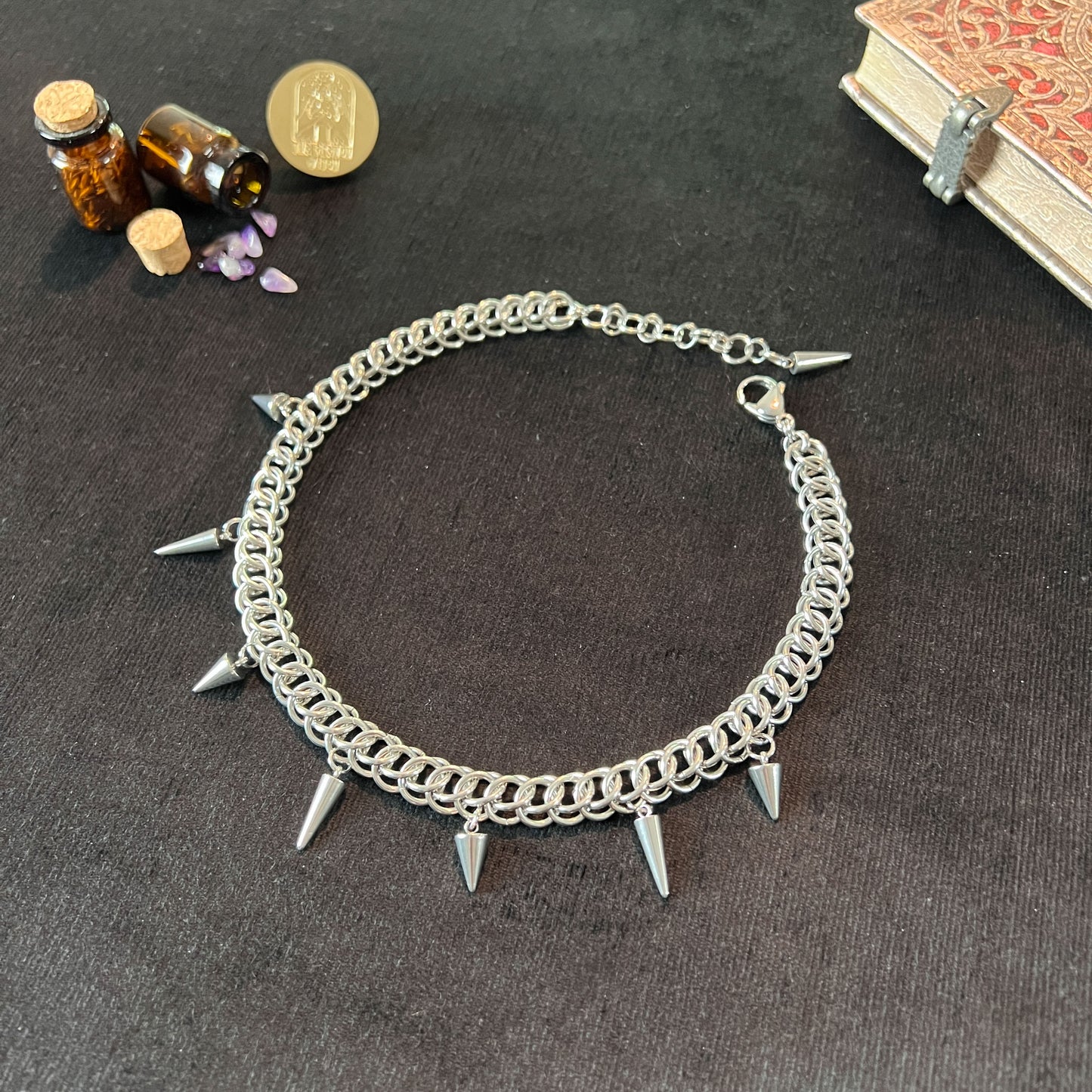 half persian gothic choker with spikes chainmail necklace alternative jewelry hypoallergenic stainless steel