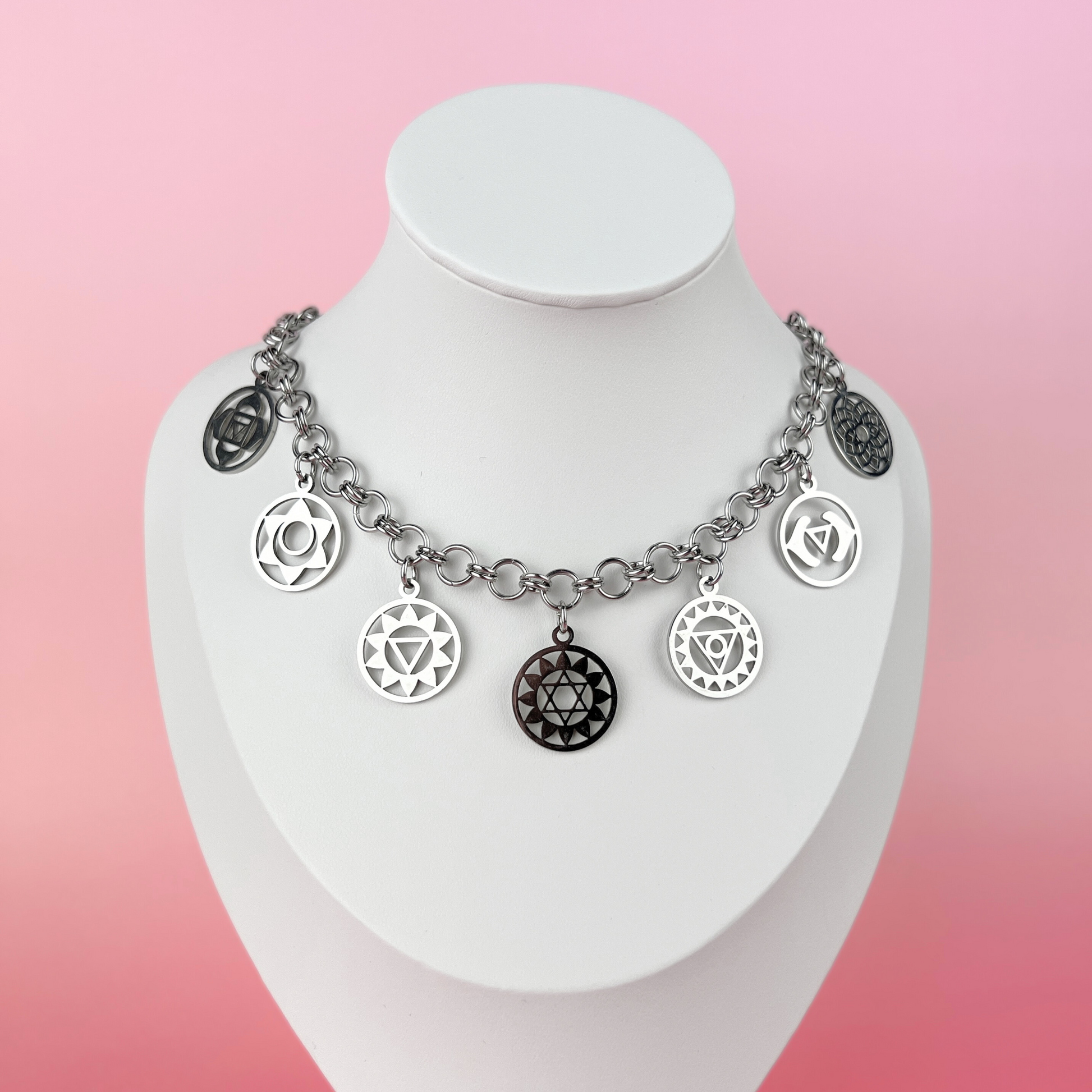 Chakra charms chainmail choker necklace, made of stainless steel Baguette Magick