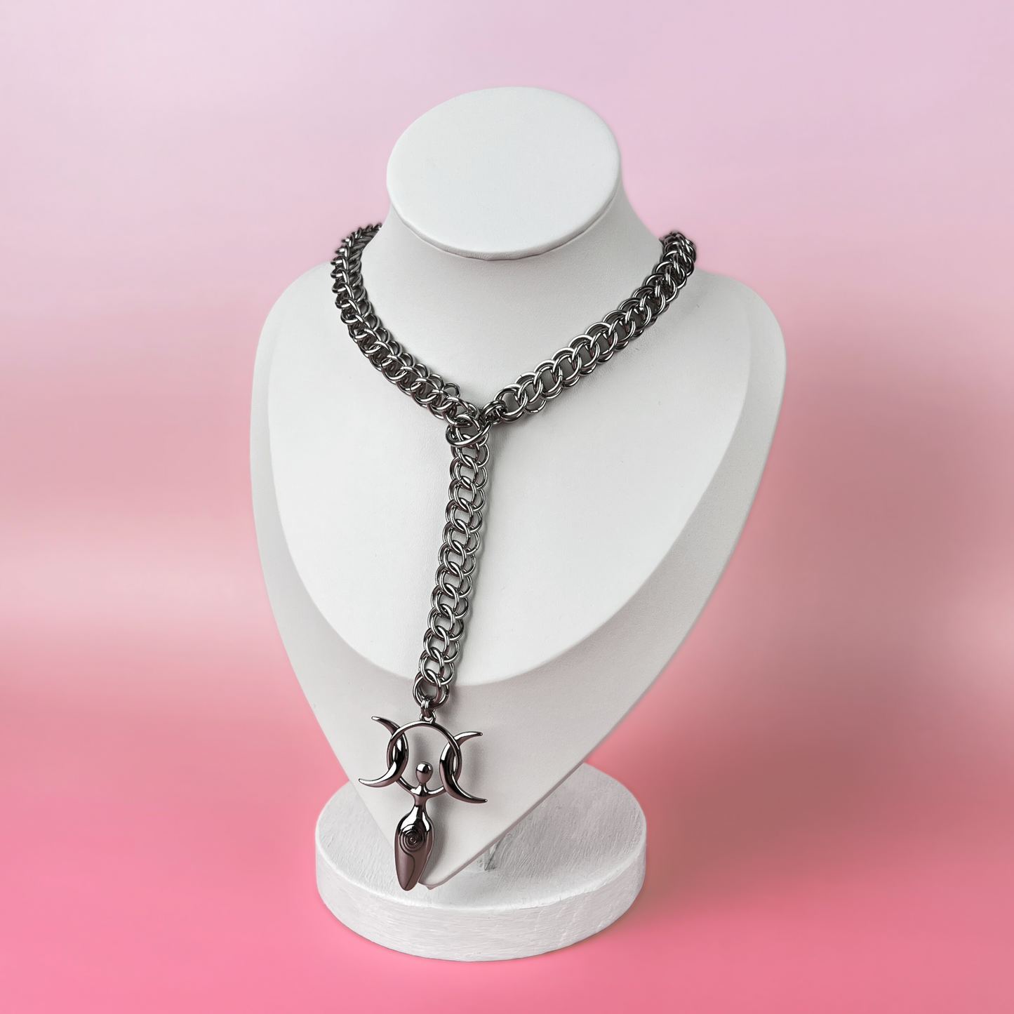 Triple goddess chainmail lariat necklace, half Persian Baguette Magick