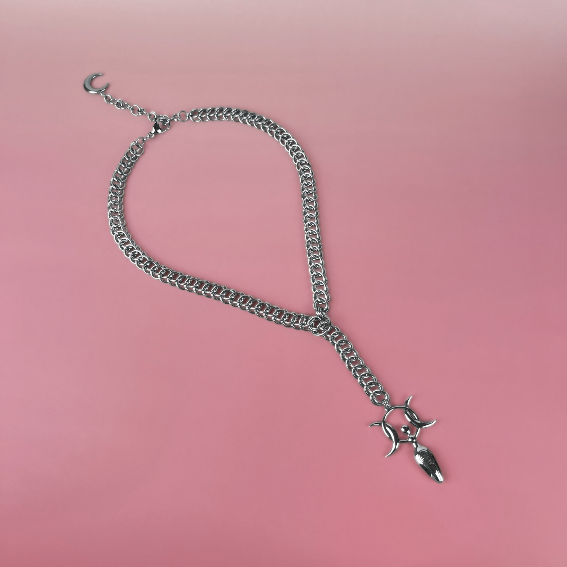 Triple goddess chainmail lariat necklace, half Persian Baguette Magick