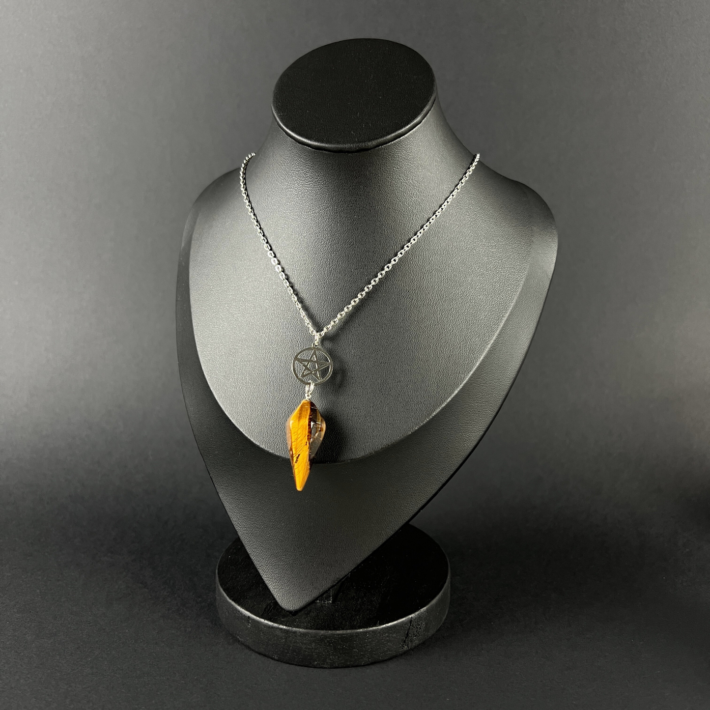 Tiger eye and pentacle pendulum necklace, stainless steel