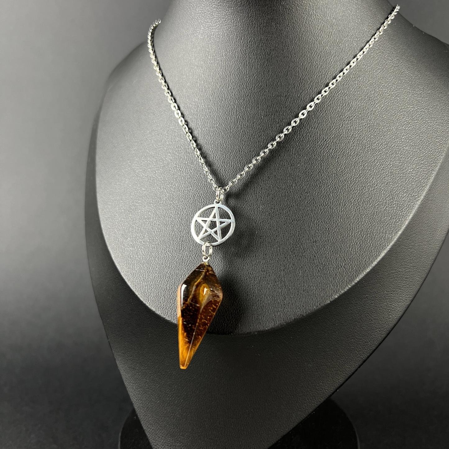 Tiger eye and pentacle pendulum necklace, stainless steel